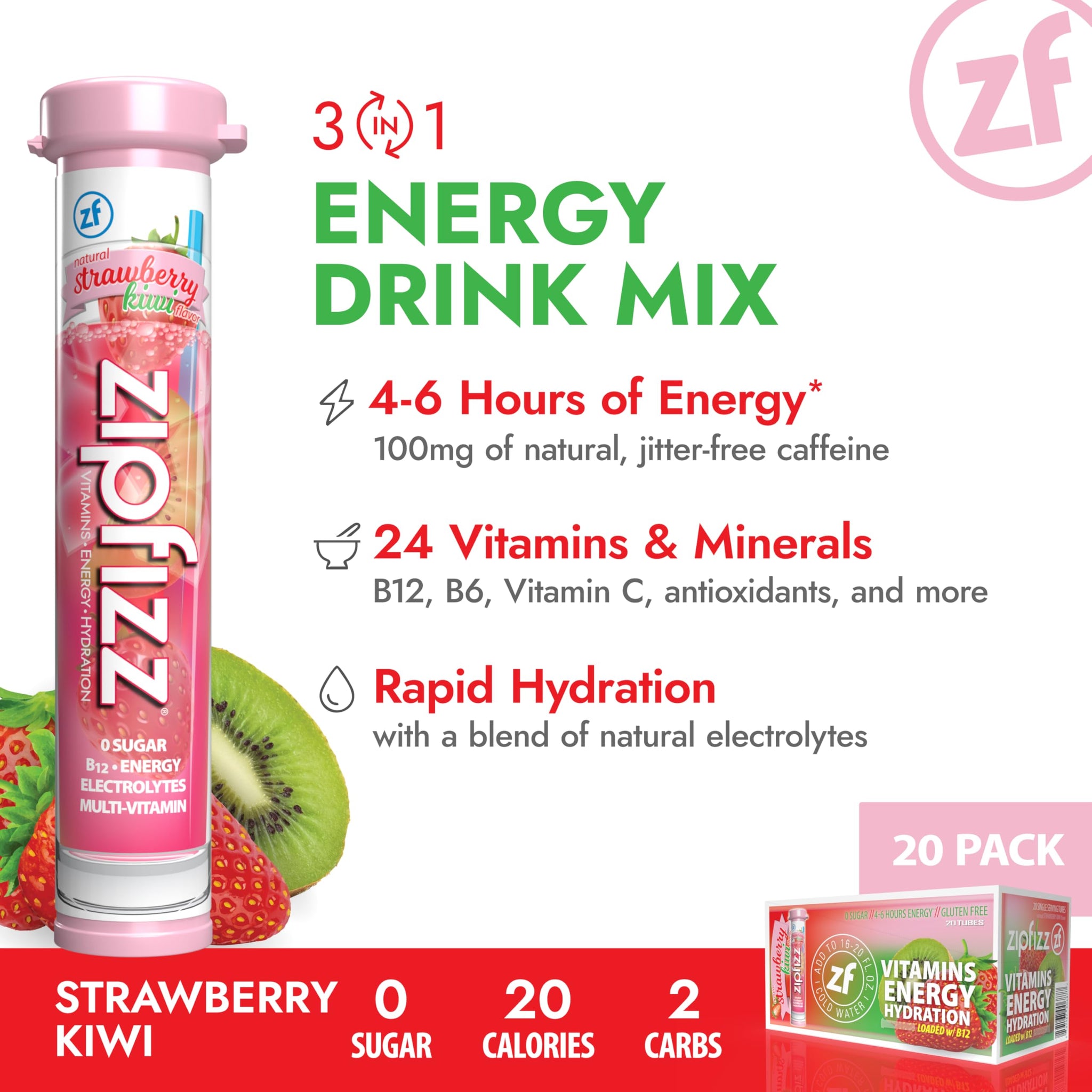Zipfizz Daily Energy Drink Powder, Strawberry Kiwi, 20 Pack | 3-in-1 Sustained Energy, Rapid Hydration, and Essential Vitamins | Sugar-Free |