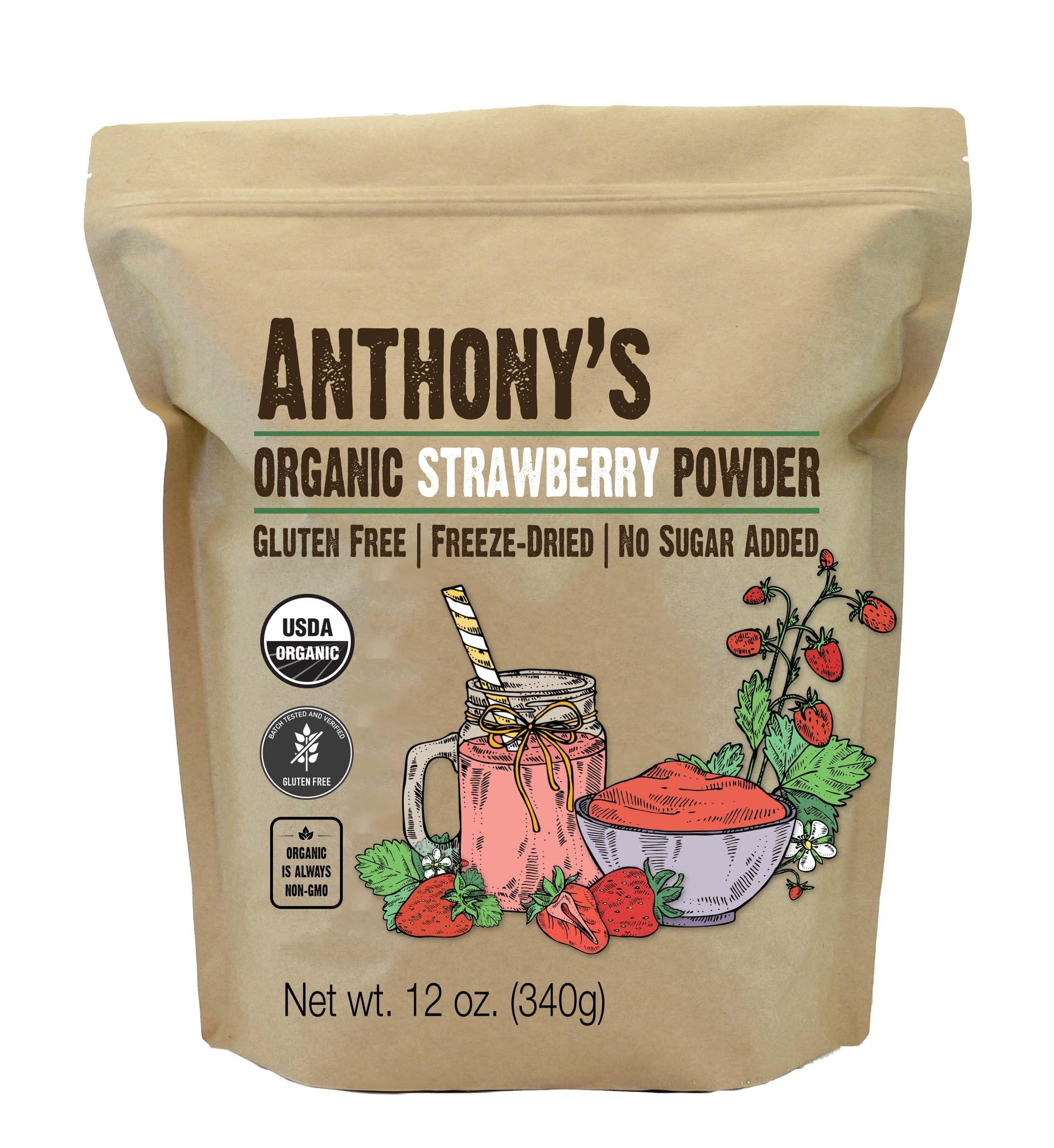 Anthony's Organic Strawberry Powder, 12 oz, Freeze Dried, Gluten Free, No Sugar Added, Non GMO