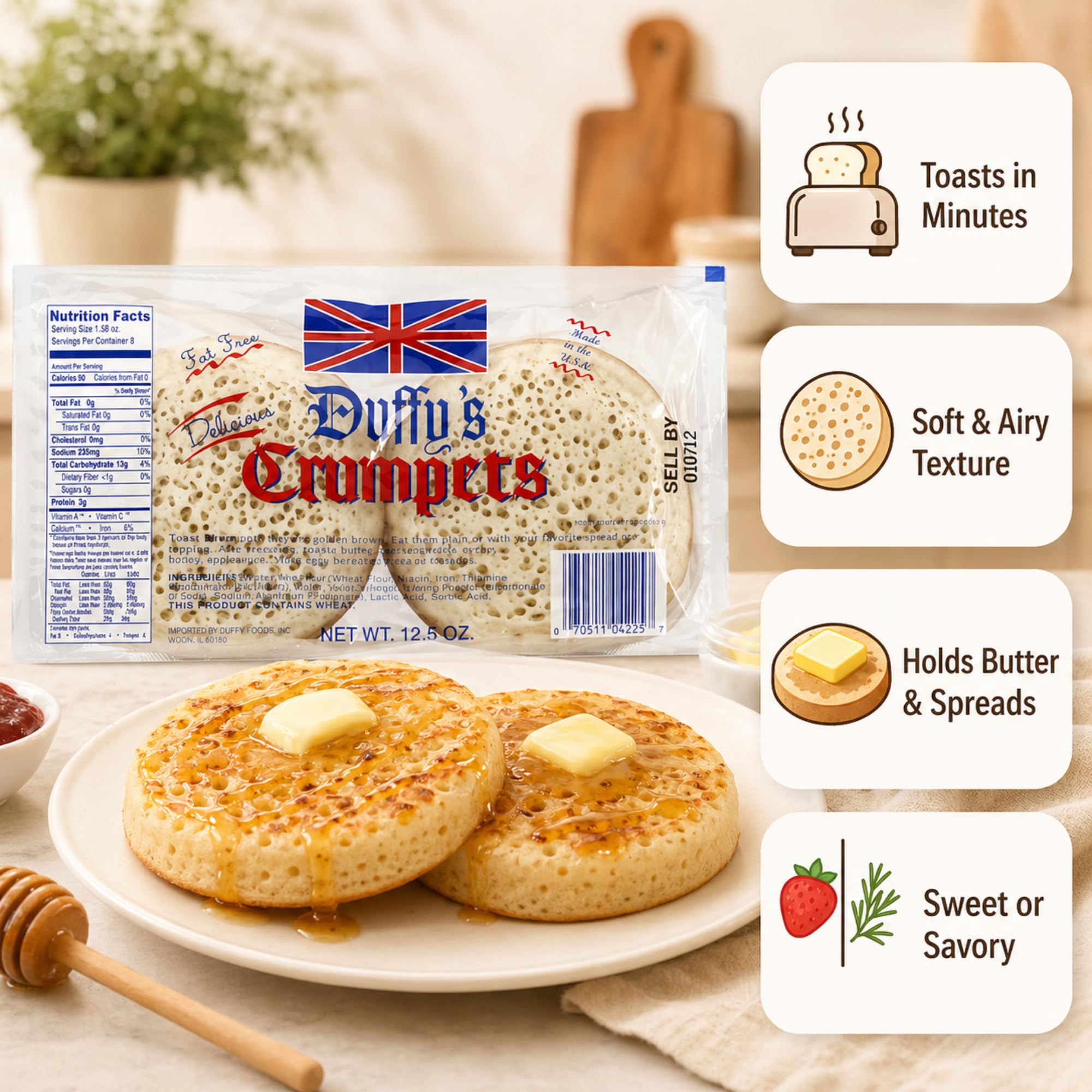 Duffy’s Crumpets British Breakfast Bread, Soft and Airy, Perfect for Toasting, Holds Butter and Jam, Traditional English Recipe, Muffin Alternative
