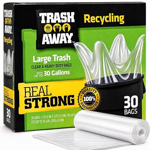 Trash Away Heavy Duty Clear Recycling Bags | Tall & Strong Bags for Home & Kitchen - (30 Ct, 30 Gallons) Large Trash Bags Paper, Plastic & Aluminum |