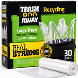 Trash Away Heavy Duty Clear Recycling Bags | Tall & Strong Bags for Home & Kitchen - (30 Ct, 30 Gallons) Large Trash Bags Paper, Plastic & Aluminum |