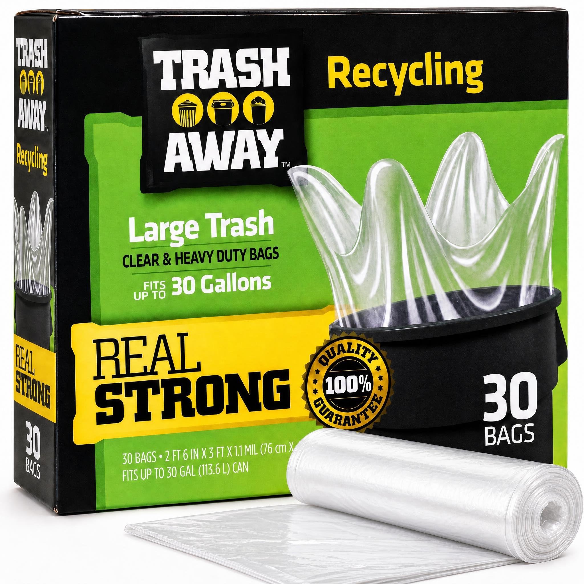 Trash Away Heavy Duty Clear Recycling Bags | Tall & Strong Bags for Home & Kitchen - (30 Ct, 30 Gallons) Large Trash Bags Paper, Plastic & Aluminum |