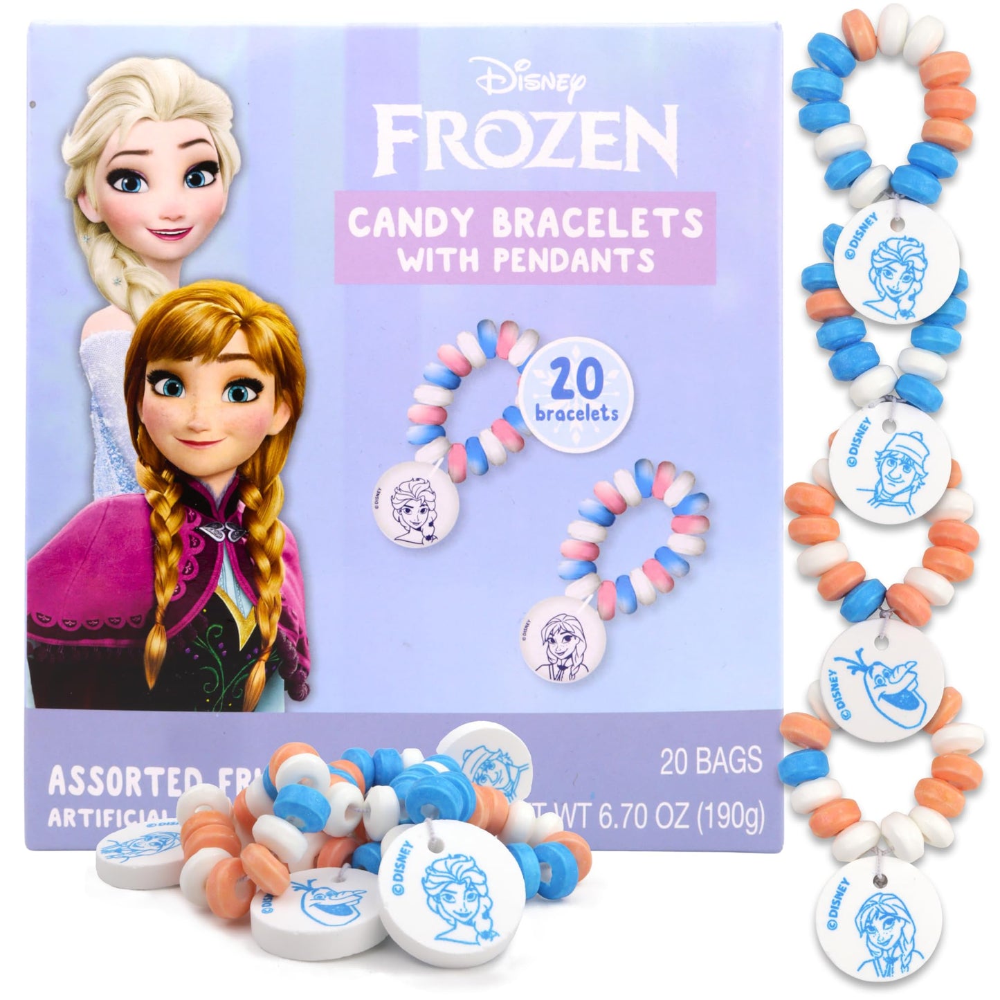 Disney Frozen Candy Bracelets, Edible Jewelry with Character Charms, Individually Wrapped Party Favors, 20 Pieces Inside