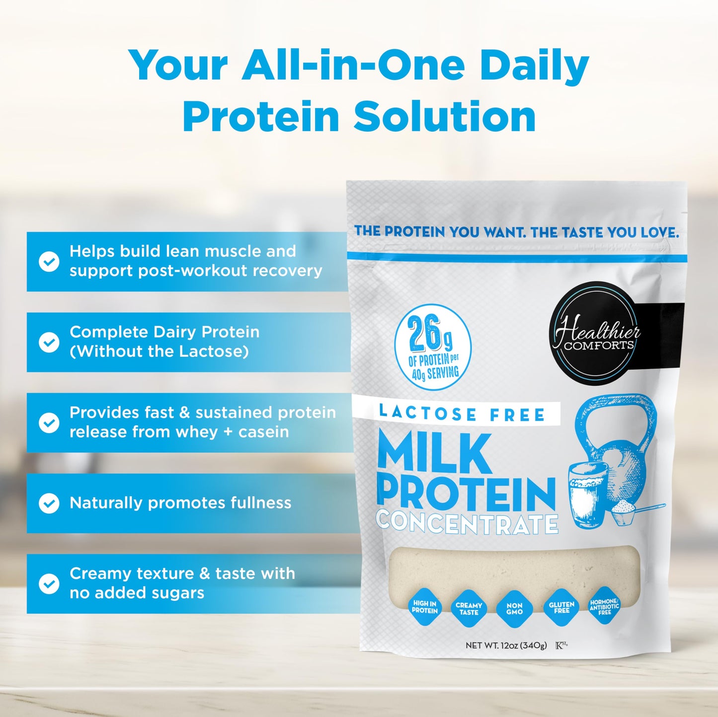 Healthier Comforts Lactose Free Milk Protein Concentrate Powder (Unflavored) | 80% Casein, 20% Whey | High Protein, Non-GMO, Hormone Free, Kosher, Gluten Free | Baking, Creamer, Shakes (12oz)
