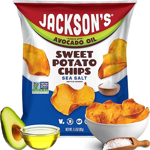 Jackson’s Sweet Potato Kettle Chips with Sea Salt made with Avocado Oil (1.5 oz, Pack of 10) - Allergen-friendly, Gluten Free, Peanut Free, Vegan