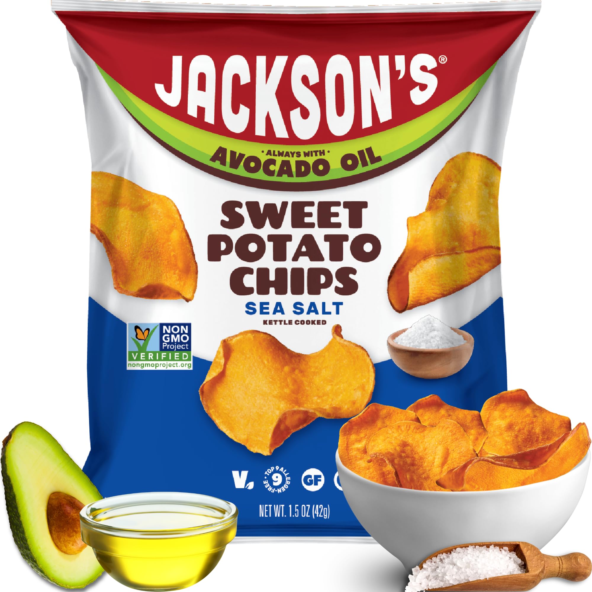 Jackson’s Sweet Potato Kettle Chips with Sea Salt made with Avocado Oil (1.5 oz, Pack of 10) - Allergen-friendly, Gluten Free, Peanut Free, Vegan