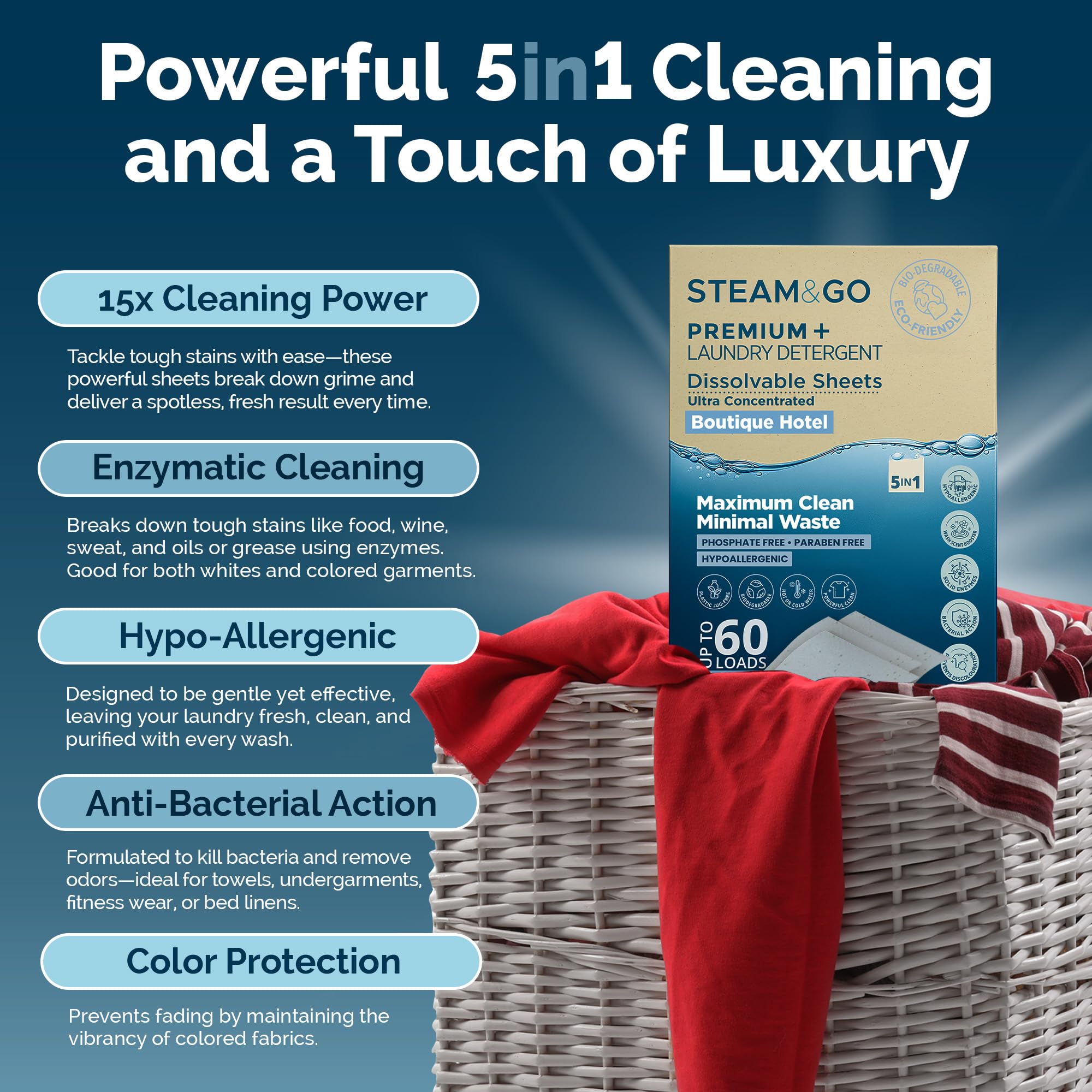 Steam & Go 5-in-1 Premium+ Dissolvable Laundry Detergent Sheets - Boutique Hotel Scent, 30 Count