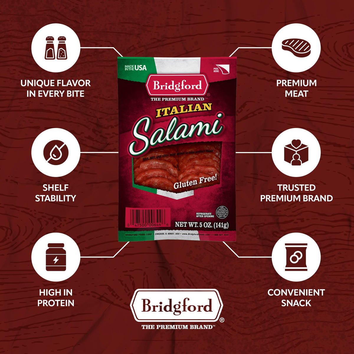 Bridgford Italian Salami 5 oz Pack of 4 - Zero Carb Healthy Salami Sliced Charcuterie Meat for Your Charcuterie Boards or Antipasto Platters