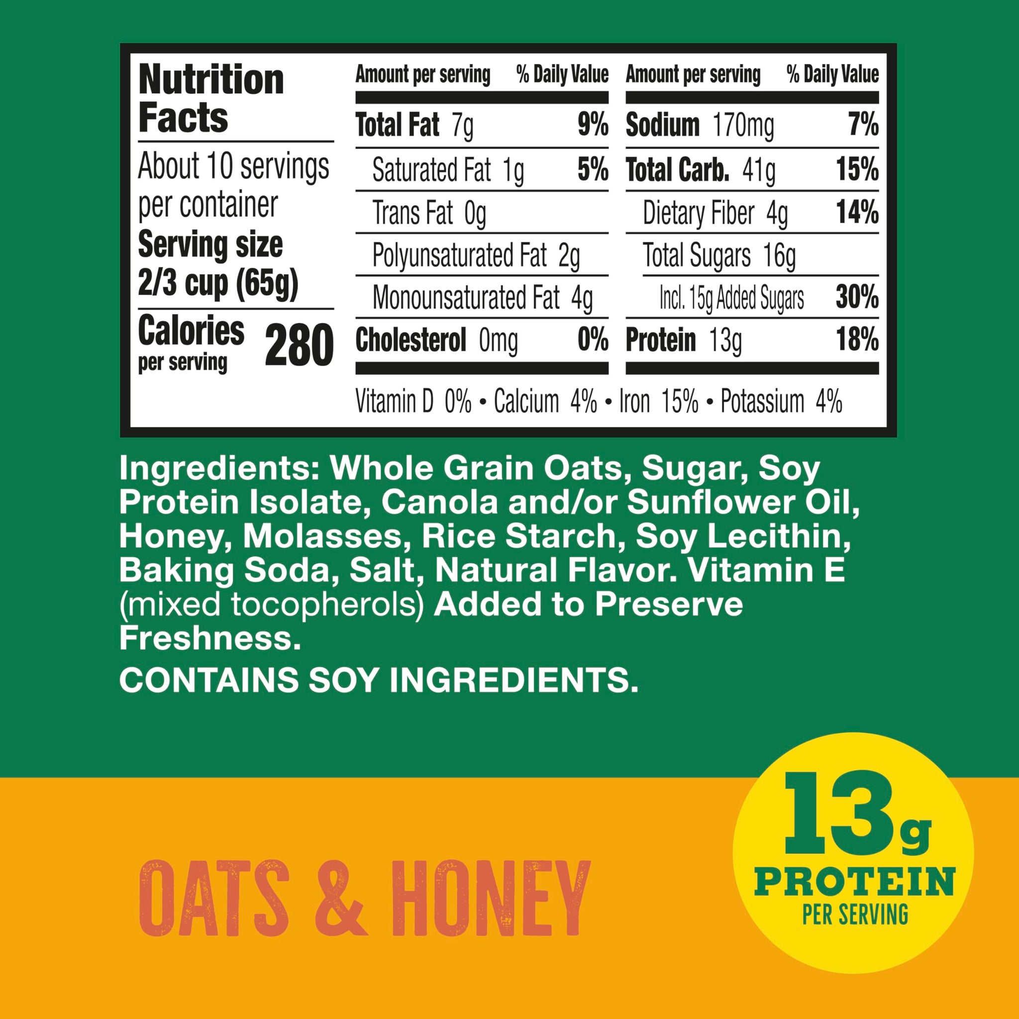 Nature Valley Protein Granola, Oats and Honey, Resealable Tub, 22.5 oz