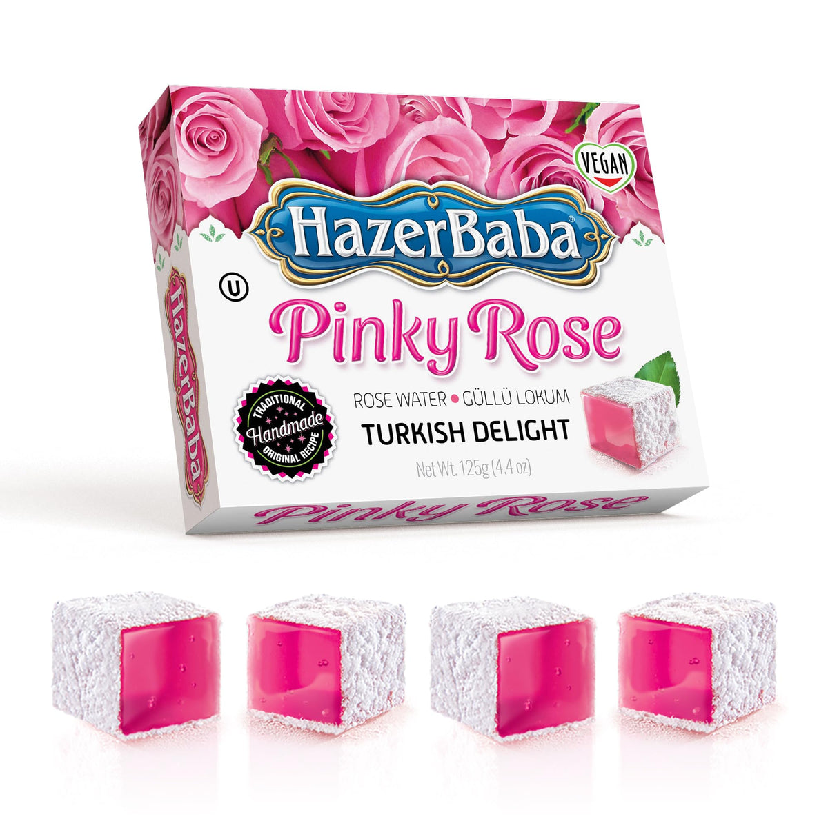 HazerBaba Turkish Delight Rose Candy, 4.4oz (Pack of 1), Vegan Snack Box