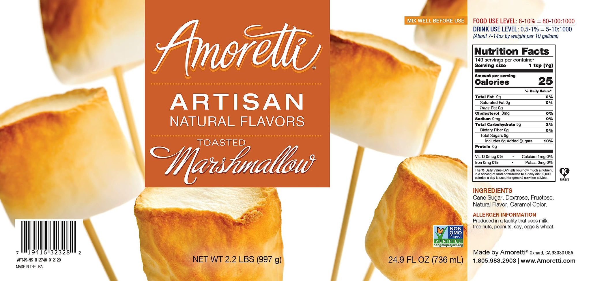 Amoretti - Natural Toasted Marshmallow Artisan Flavor Paste, 8 oz, Perfect For Ice Cream, Beverages, Cakes, and more, Preservative Free, Vegan, Gluten