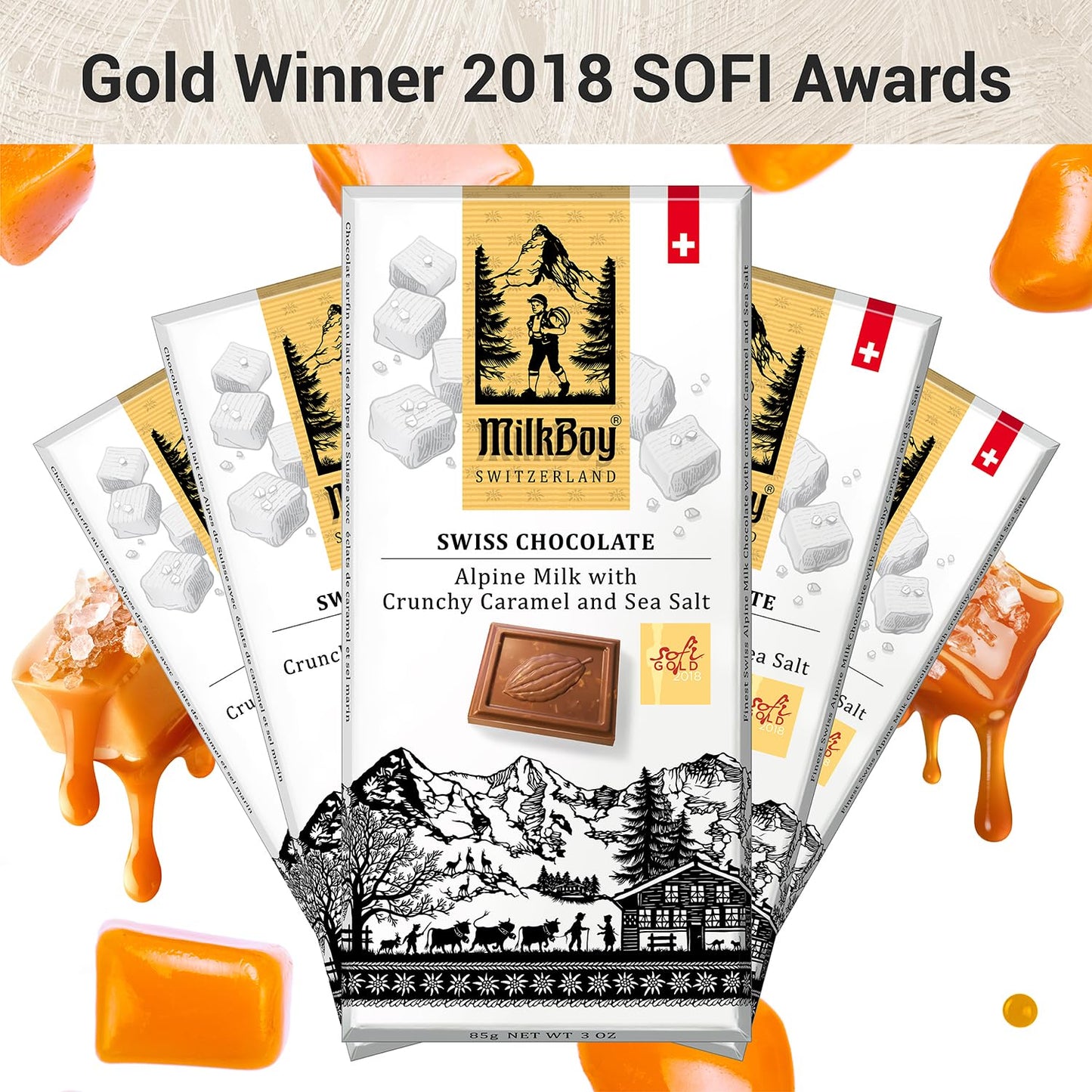 MilkBoy Swiss Chocolates Milk Chocolate Bars, Caramel Salt - 3 oz, 2 Pack