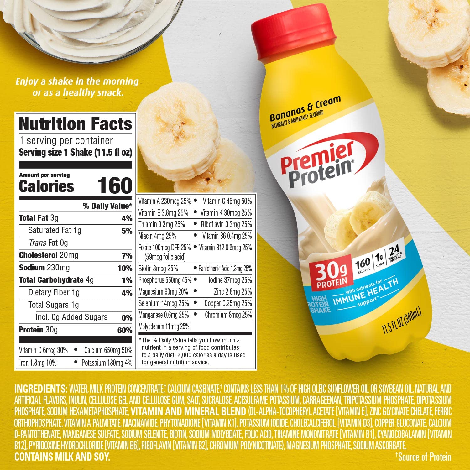 Premier Protein Shake, Bananas & Cream, 30g Protein, No Added Sugar, 24 Vitamins & Minerals to Support Immune Health, 11.5 fl oz, 1 Pack
