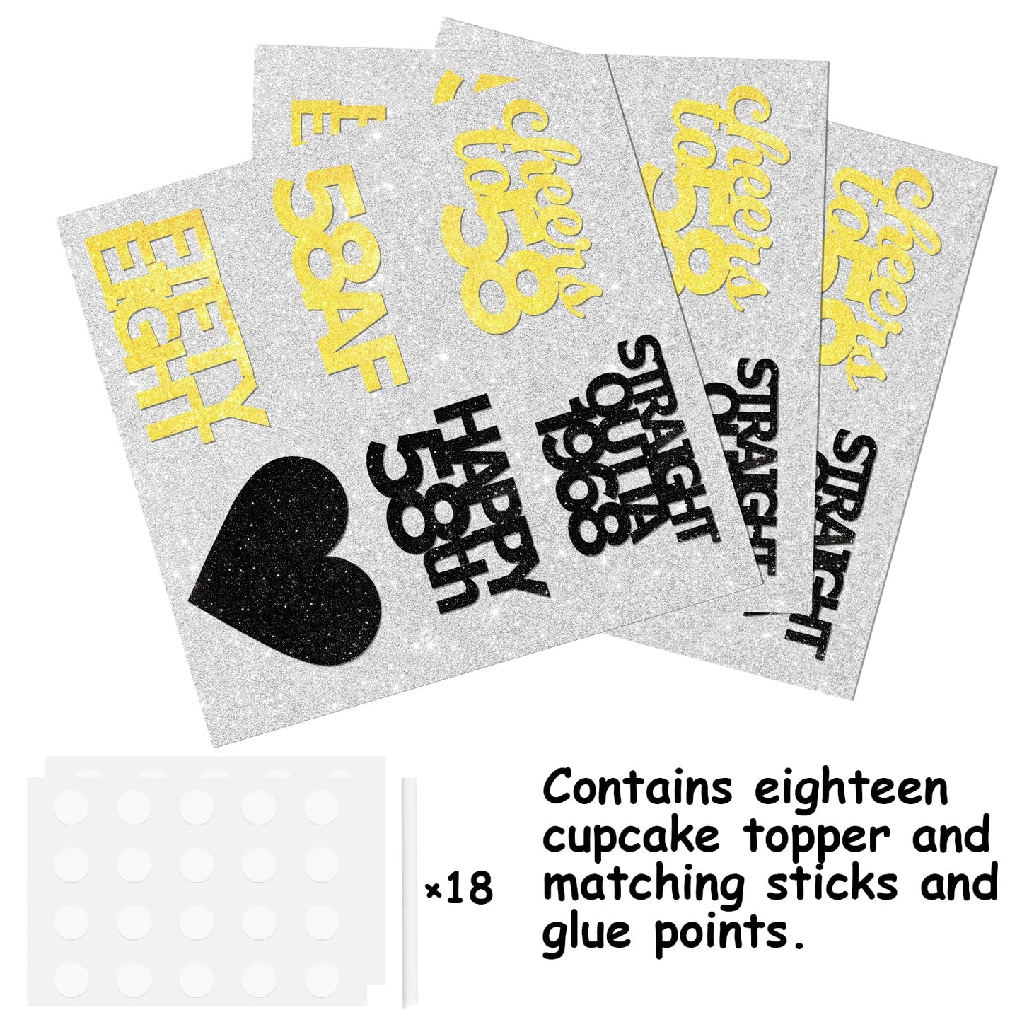 18pcs Black Gold Glitter Dessert Cupcake Pick for Straight Outta 1968 Cheer to 58 Years Old Theme Decor Supplies Happy 58th Birthday Party Decoration