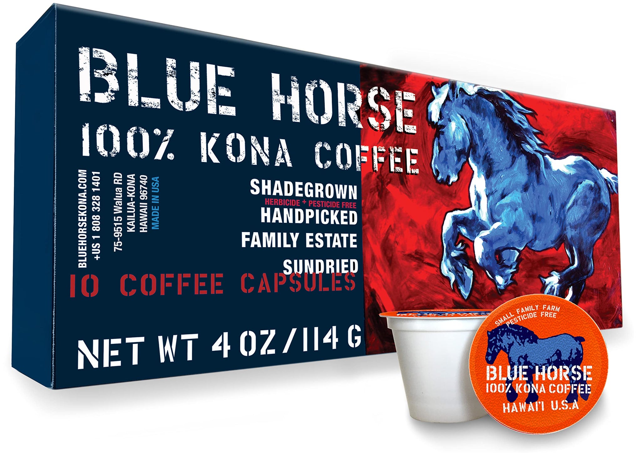 Blue Horse 100% Kona Coffee Pods, Medium Roast, 10ct Single Serve, Compatible with K Cups 2.0, Farm Fresh, Authentic Arabica Beans from Hawaii’s Big
