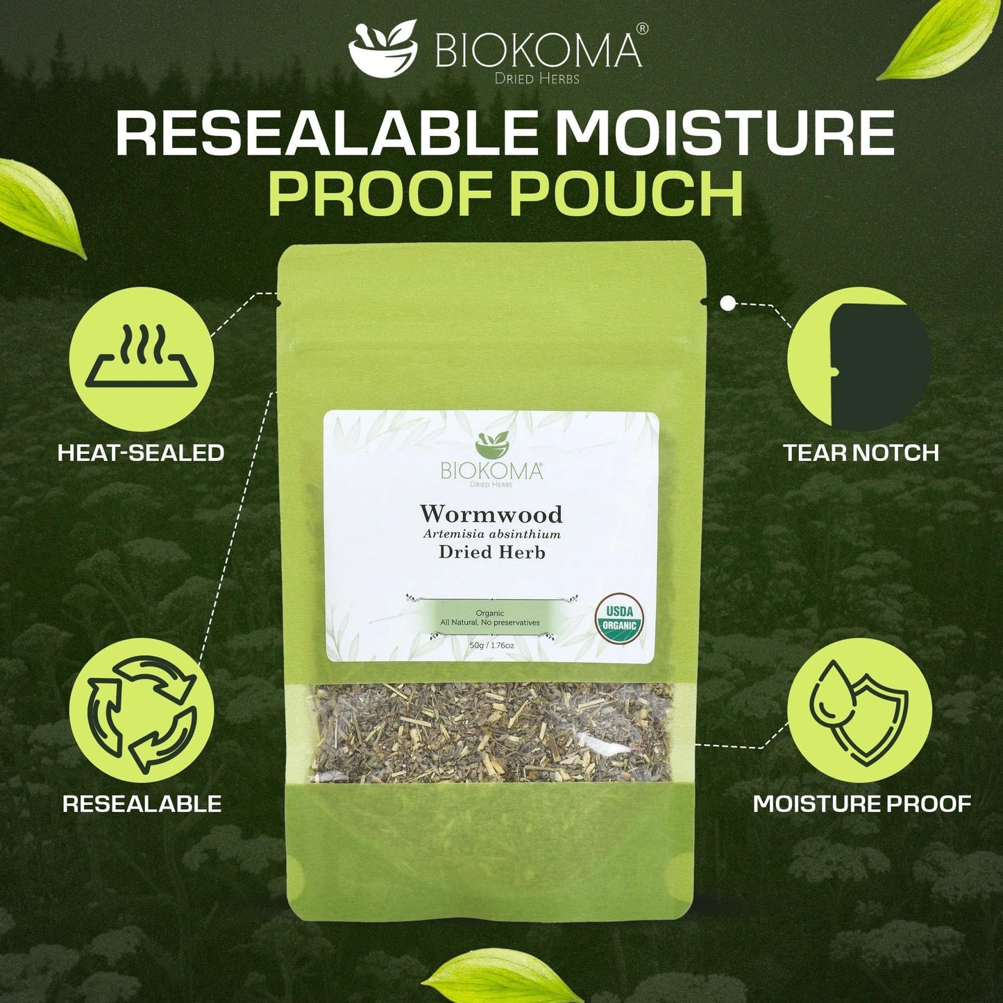 Biokoma Organic Wormwood Dried Herb 50g (1.76oz) - Loose Artemisia absinthium Herbal Tea - USDA Organic - Resealable Moisture Proof Pouch - No