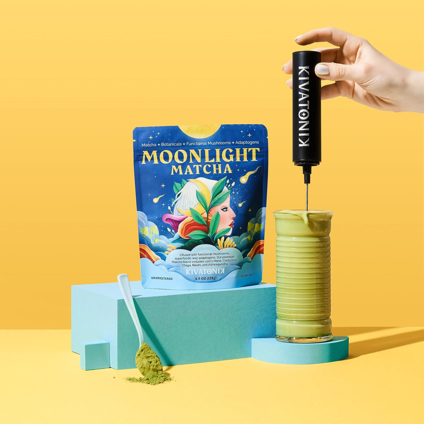 KIVATONIK Moonlight Matcha - Ceremonial Matcha with Organic Functional Mushrooms and Adaptogens - Lion's Mane, Cordyceps, Chaga, Reishi