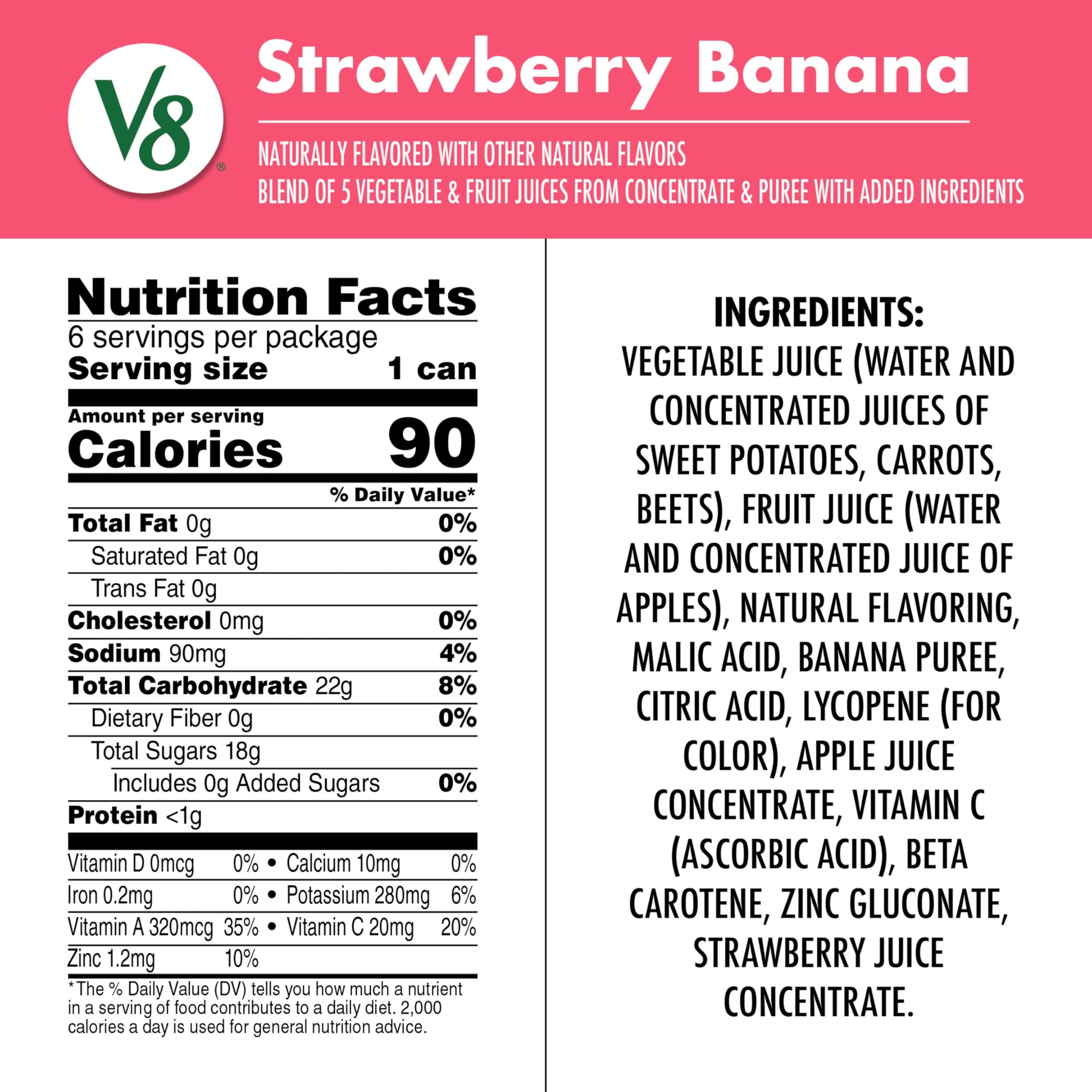 V8 Strawberry Banana 100% Fruit and Vegetable Juice, 8 fl oz Can (6 Pack)