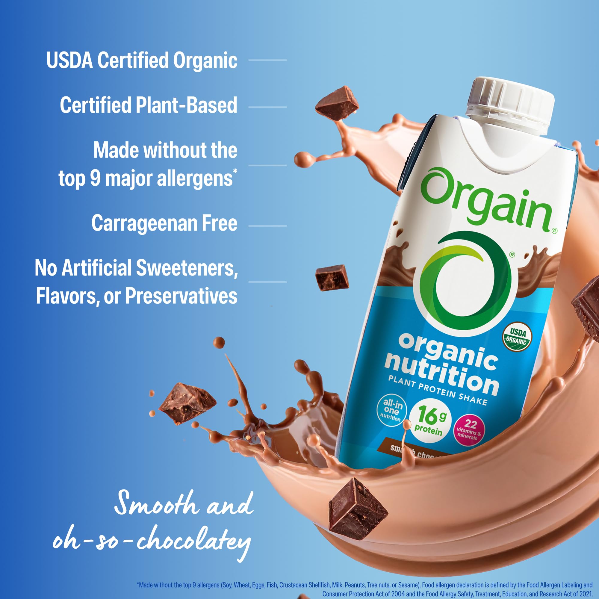 Orgain Organic Nutritional Vegan Protein Shake, Smooth Chocolate - 16g Plant Based Protein, Meal Replacement, 22 Vitamins & Minerals, Fruits
