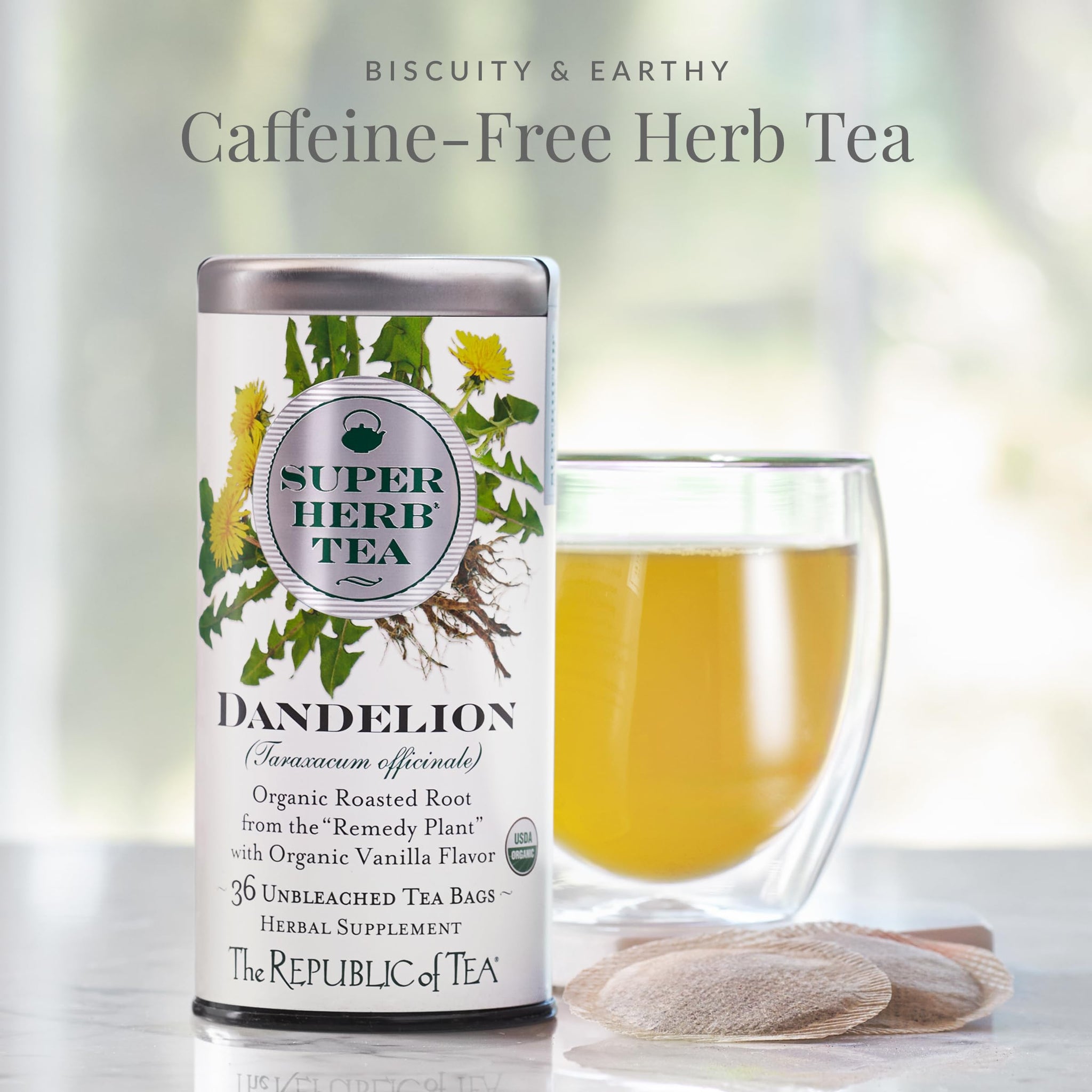 The Republic of Tea - Organic Dandelion SuperHerb Tea Tin, 36 Herbal Tea Bags, Naturally Caffeine-Free