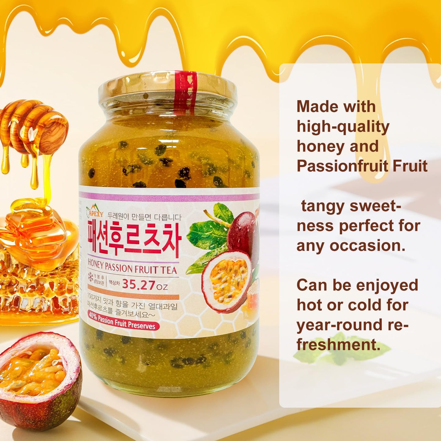 Apexy Authentic Korean Honey Passion Fruit Tea, Passionfruit Puree , Just Add Hot Water, Gourment Blend for Smoothies, Cocktails Desserts and Spread