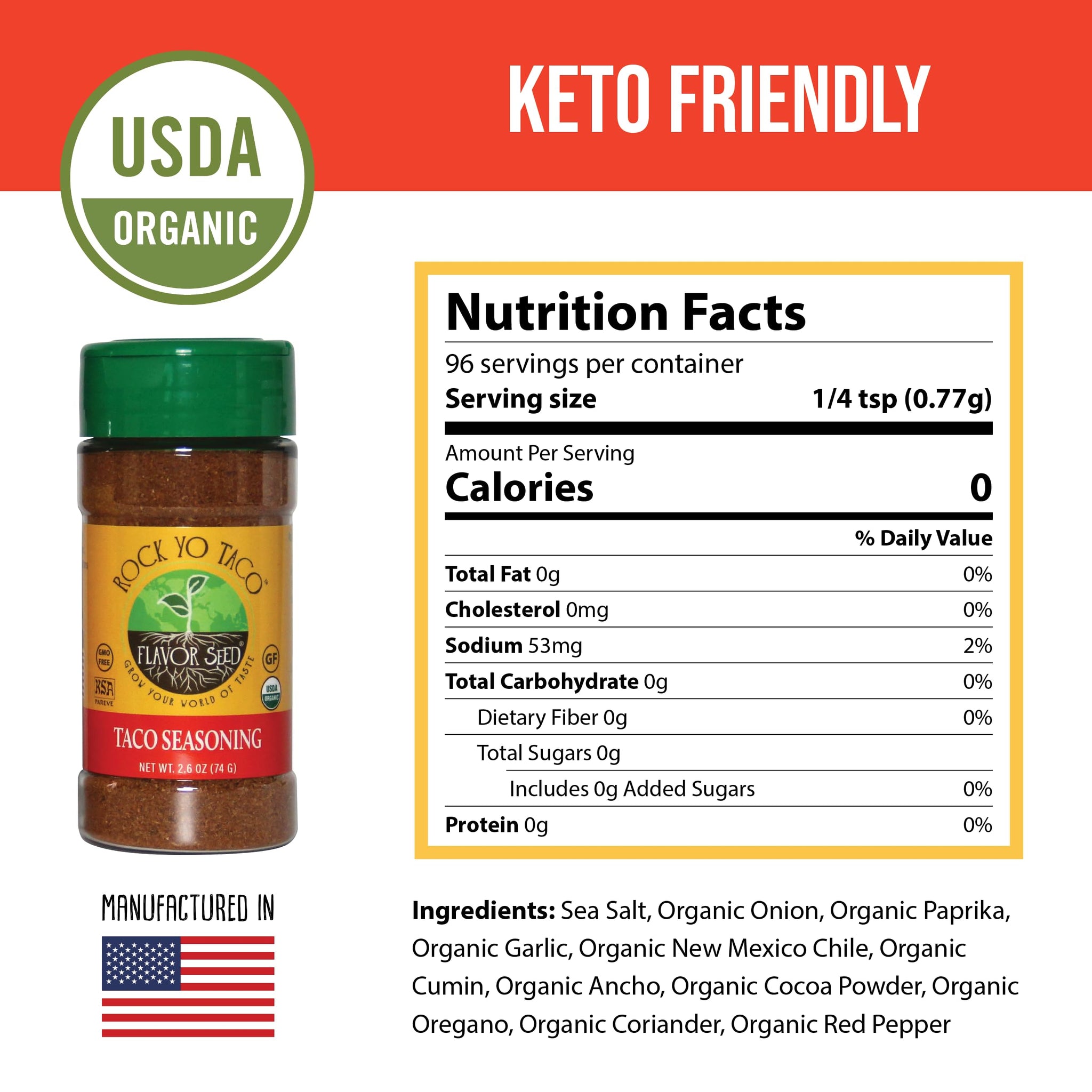 Organic Taco Seasoning - Rock Yo Taco by Flavor Seed, Gluten Free, Low Sodium Mexican Spice Blend for Cooking, No Sugar, Zero Calorie, Mild & Keto