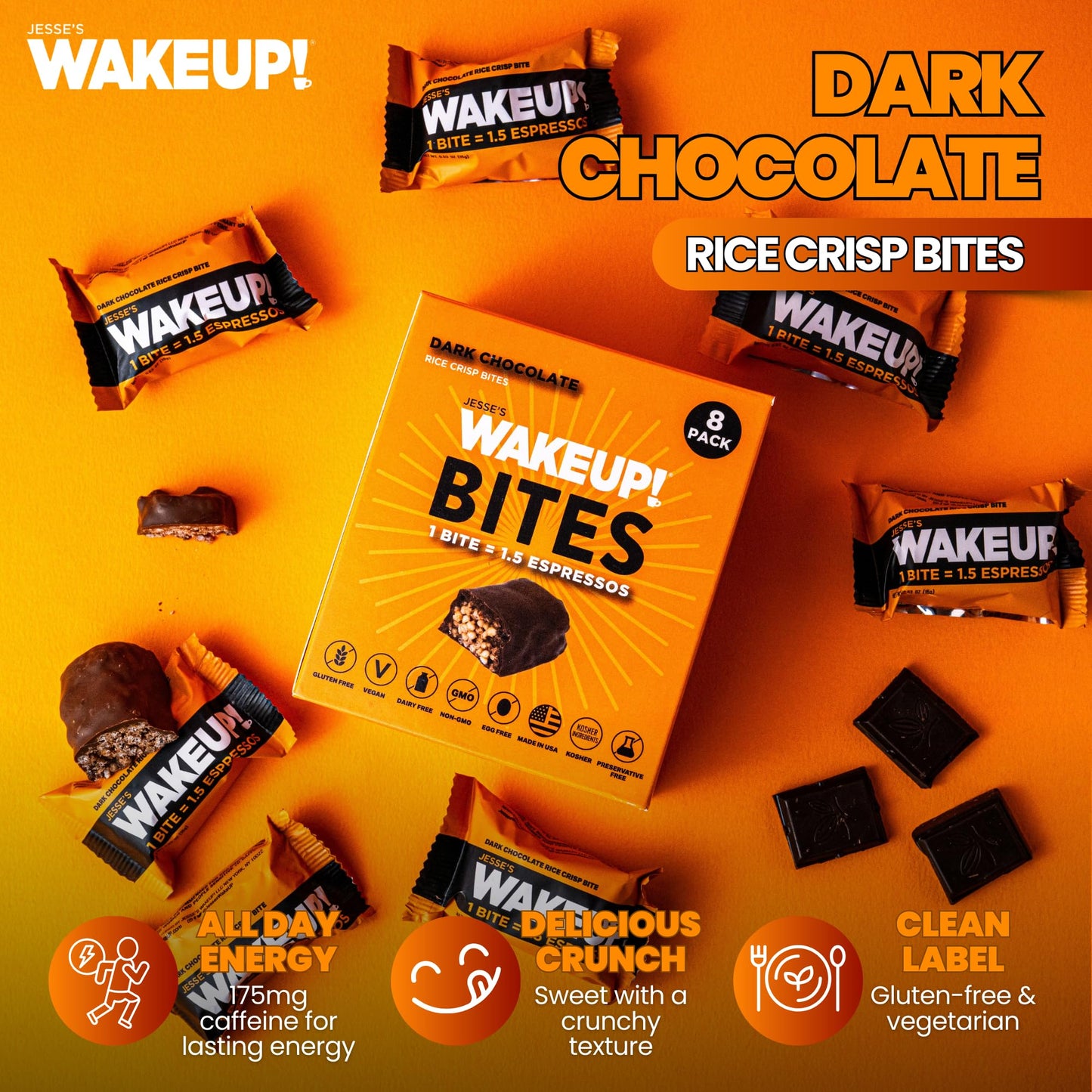 WAKEUP! Caffeinated Rice Crisp Energy Bites, Dark Chocolate, 8 Pack | 175mg Caffeine Per Bar = 1.5 Espressos | Vegan, Gluten-Free, Kosher | Coffee
