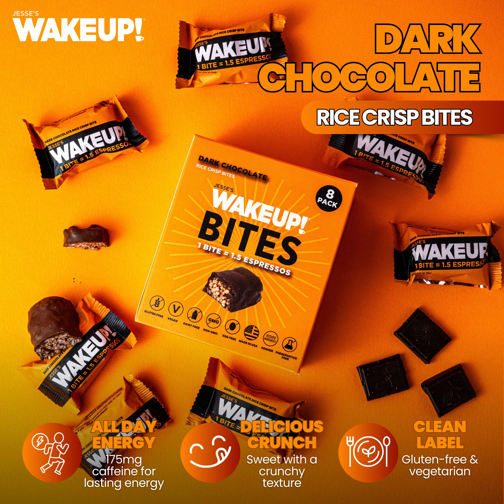 WAKEUP! Caffeinated Rice Crisp Energy Bites, Dark Chocolate, 8 Pack | 175mg Caffeine Per Bar = 1.5 Espressos | Vegan, Gluten-Free, Kosher | Coffee