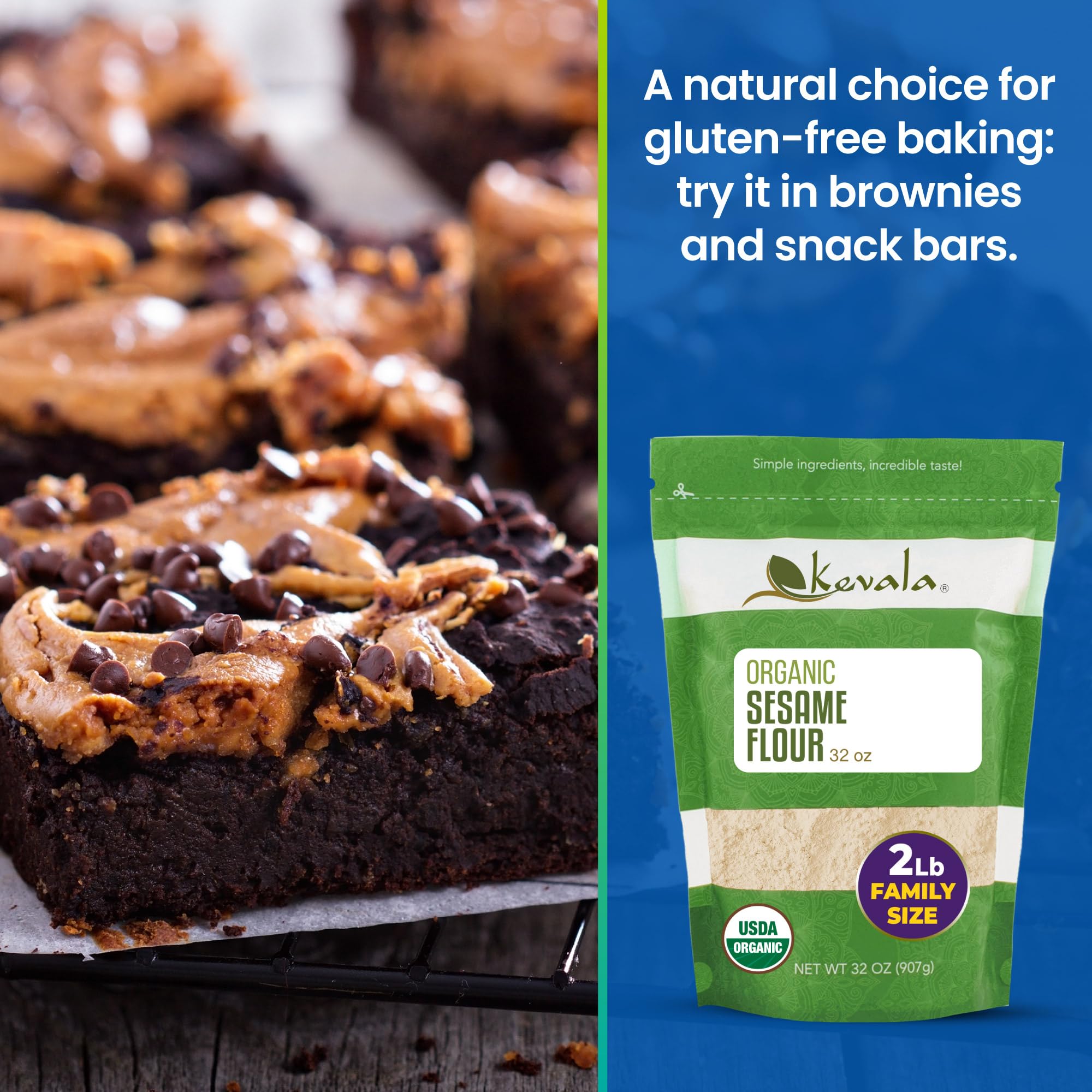 Kevala Organic Sesame Flour - 50% Protein Flour Made with Non GMO Sesame Seeds, With Mild Sesame Flavor, Vegan Protein Source, For Making Bread