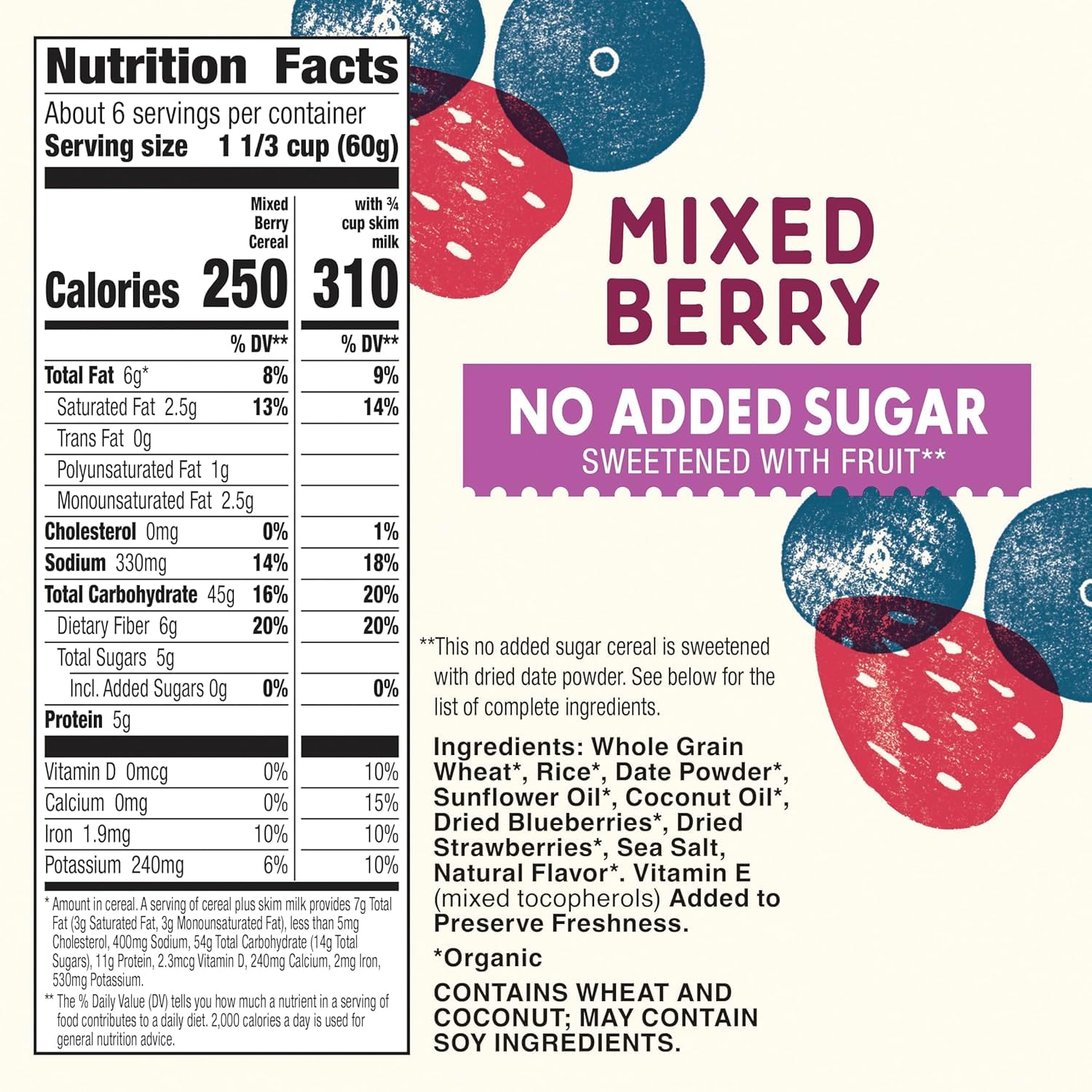 Cascadian Farm No Added Sugar Mixed Berry Breakfast Cereal, Whole Grain & Organic, 12.5 oz Box