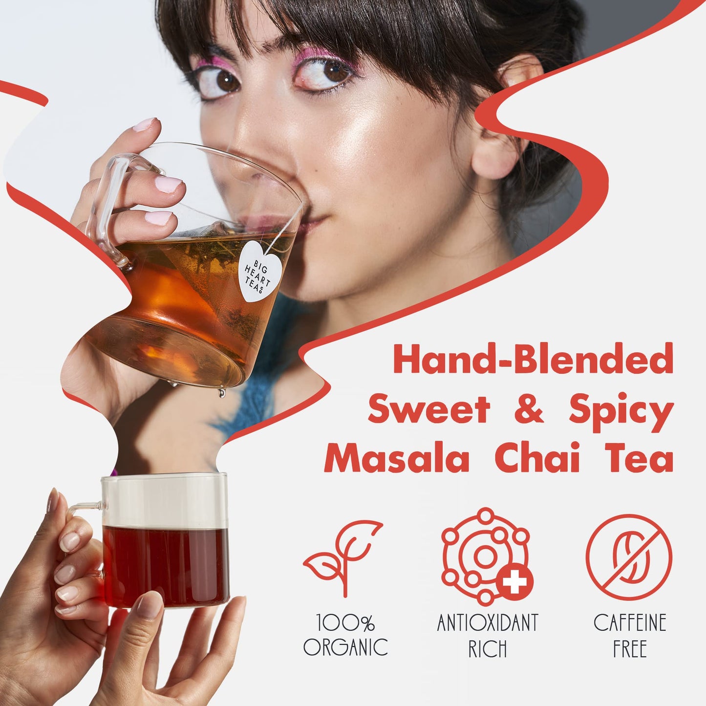 Big Heart Tea Co. Tea Bags - Fiery Masala Chai - Certified Organic, Ayurvedic Herbal Decaf Tea with Small Batch Ground Sweet Herbs and Spices