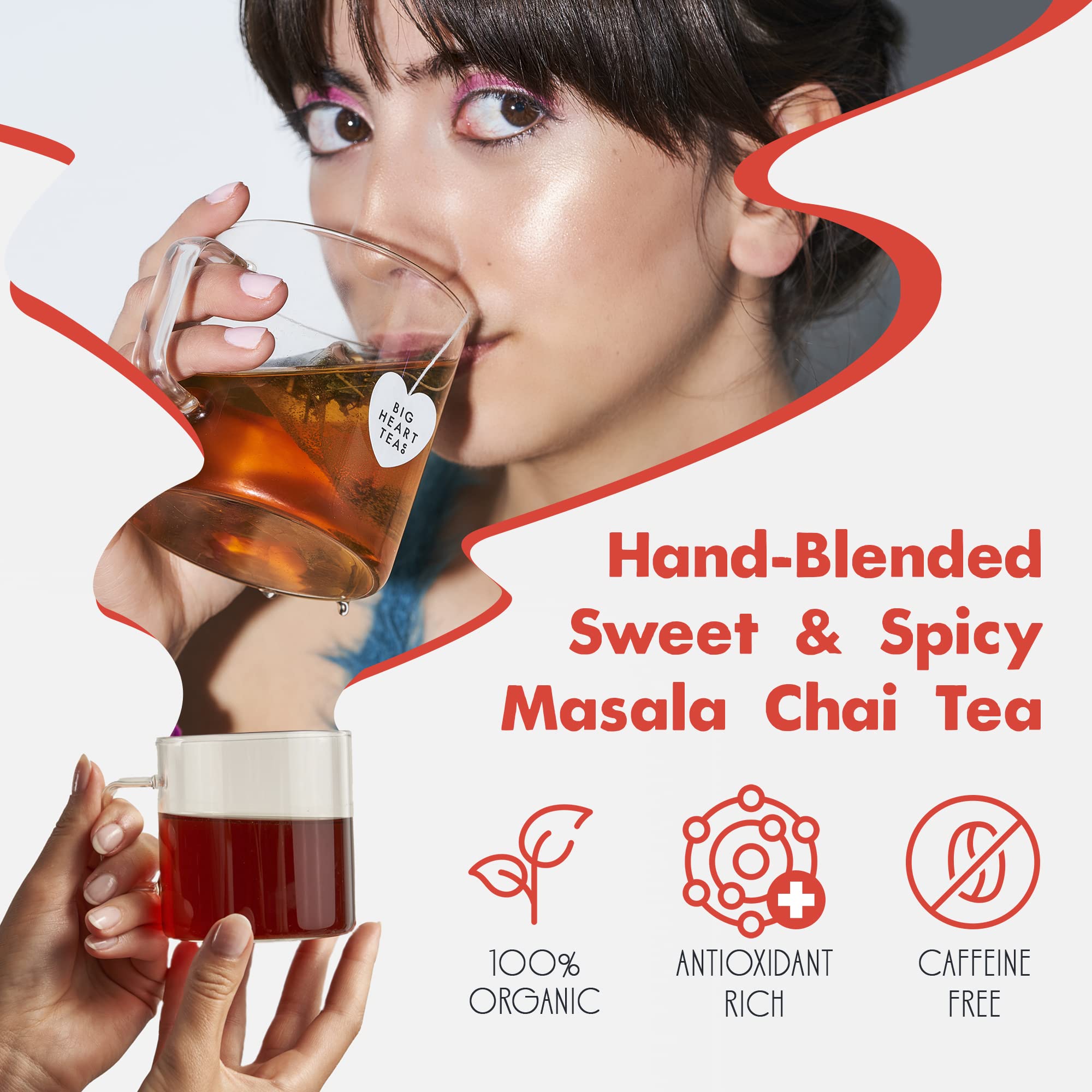 Big Heart Tea Co. Tea Bags - Fiery Masala Chai - Certified Organic, Ayurvedic Herbal Decaf Tea with Small Batch Ground Sweet Herbs and Spices