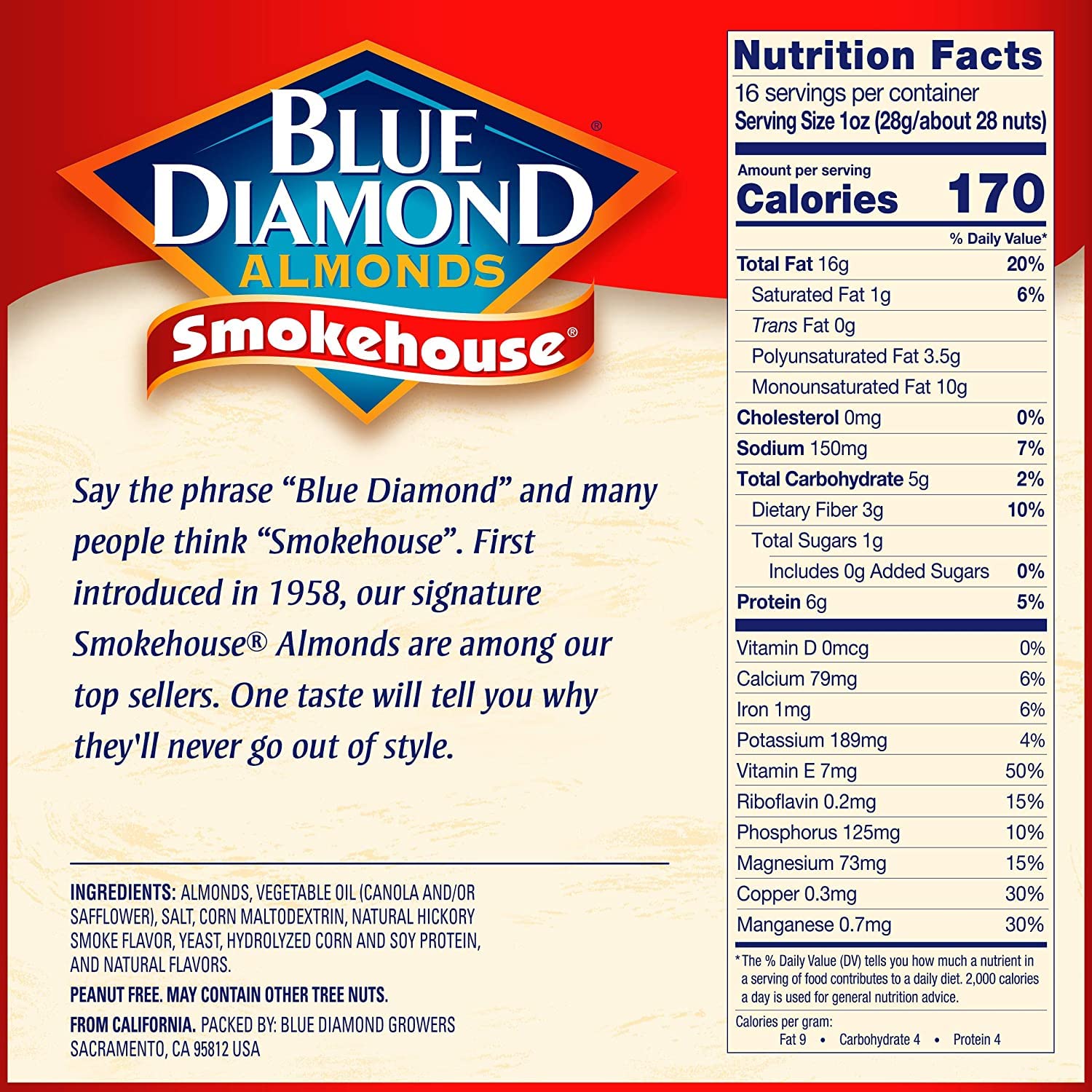 Blue Diamond Almonds Gluten Free Smokehouse Flavored Snack Nuts 16 Oz (Pack of 1).,(wx-uj-20139)