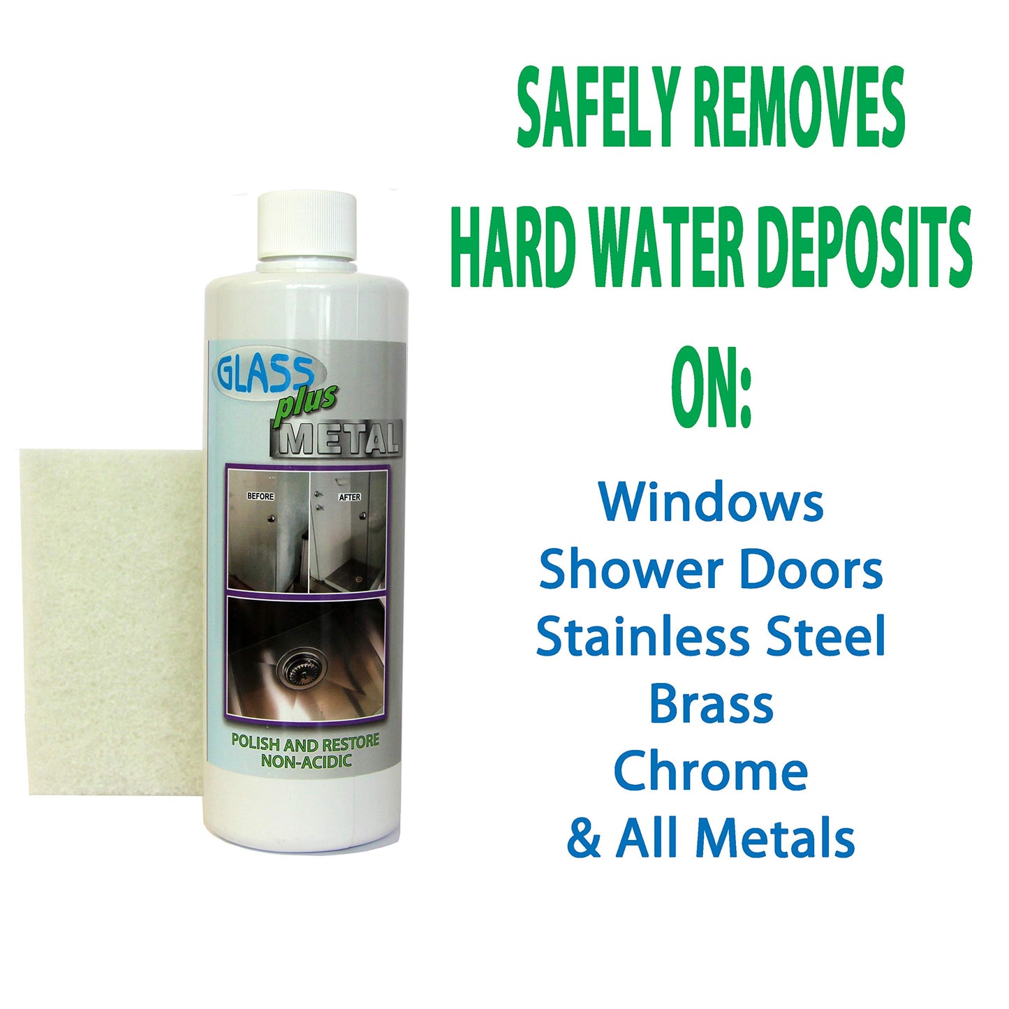 Glass Plus Metal - Polish and Restore | Hard Water Deposit & Stain Remover | Shower Glass, Stainless Steel Frames, Kitchen, Bath Fixtures, Windshield