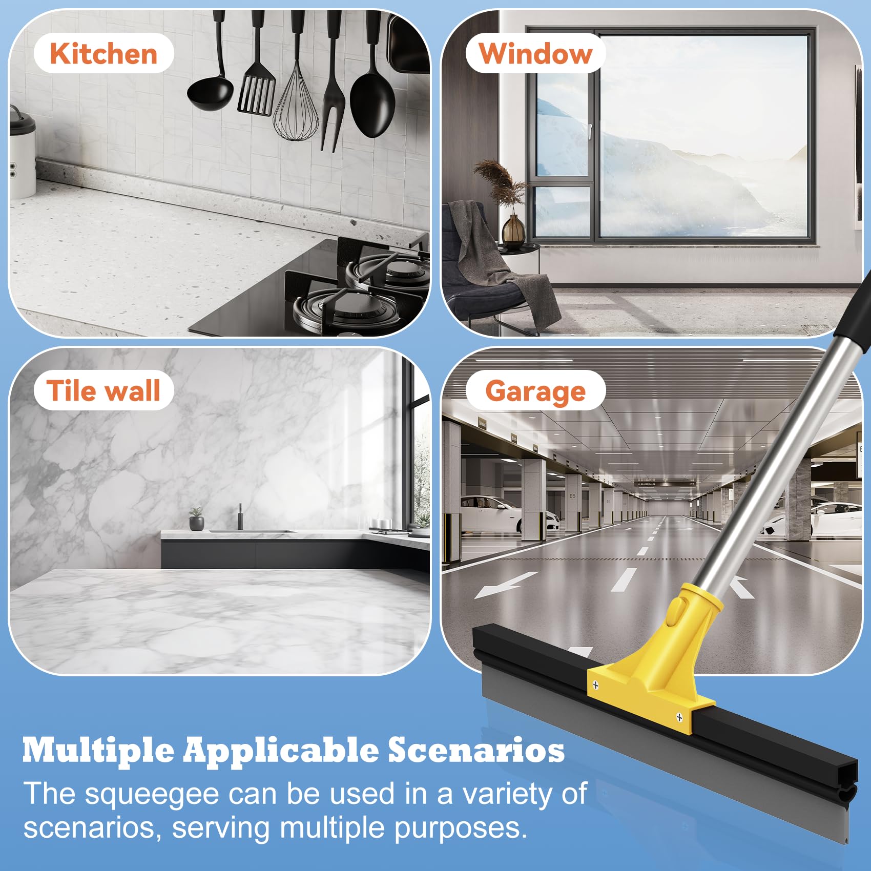 Elapun Large Heavy-Duty Floor Squeegee, 18” Rubber Blade Broom & 62” Long Handle Floor Squeegee for Concrete, Bathroom Tile, Garage Concrete, Deck