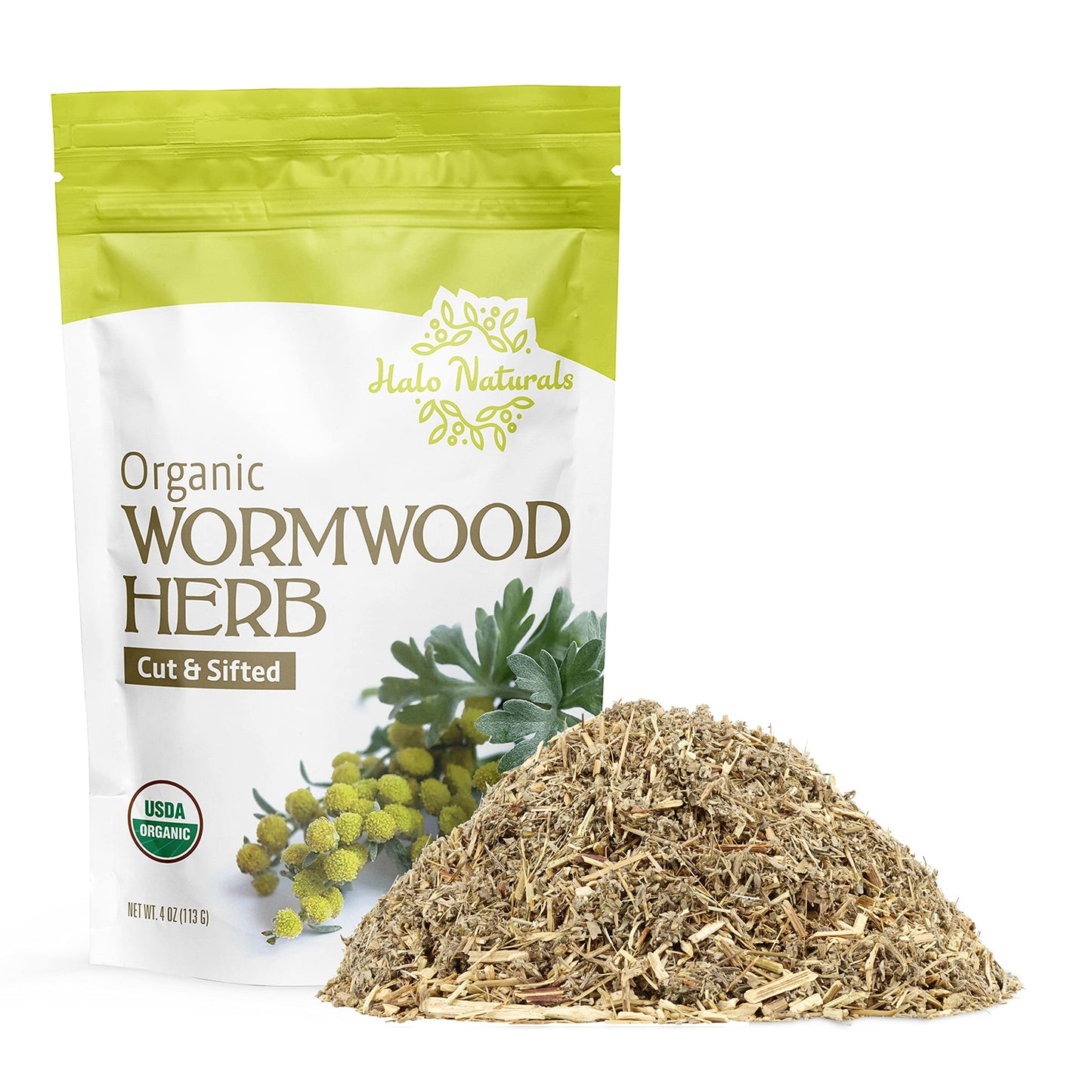Halo Naturals Organic Wormwood Herb Cut & Sifted, 4 Ounces (Artemisia Absinthium) USDA Certified Wormwood Tea | Non-GMO | Vegan| Resealable Pouch|
