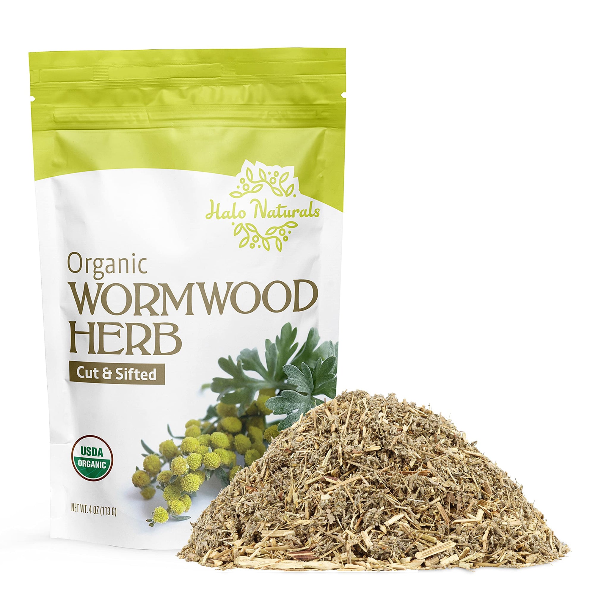 Halo Naturals Organic Wormwood Herb Cut & Sifted, 4 Ounces (Artemisia Absinthium) USDA Certified Wormwood Tea | Non-GMO | Vegan| Resealable Pouch|