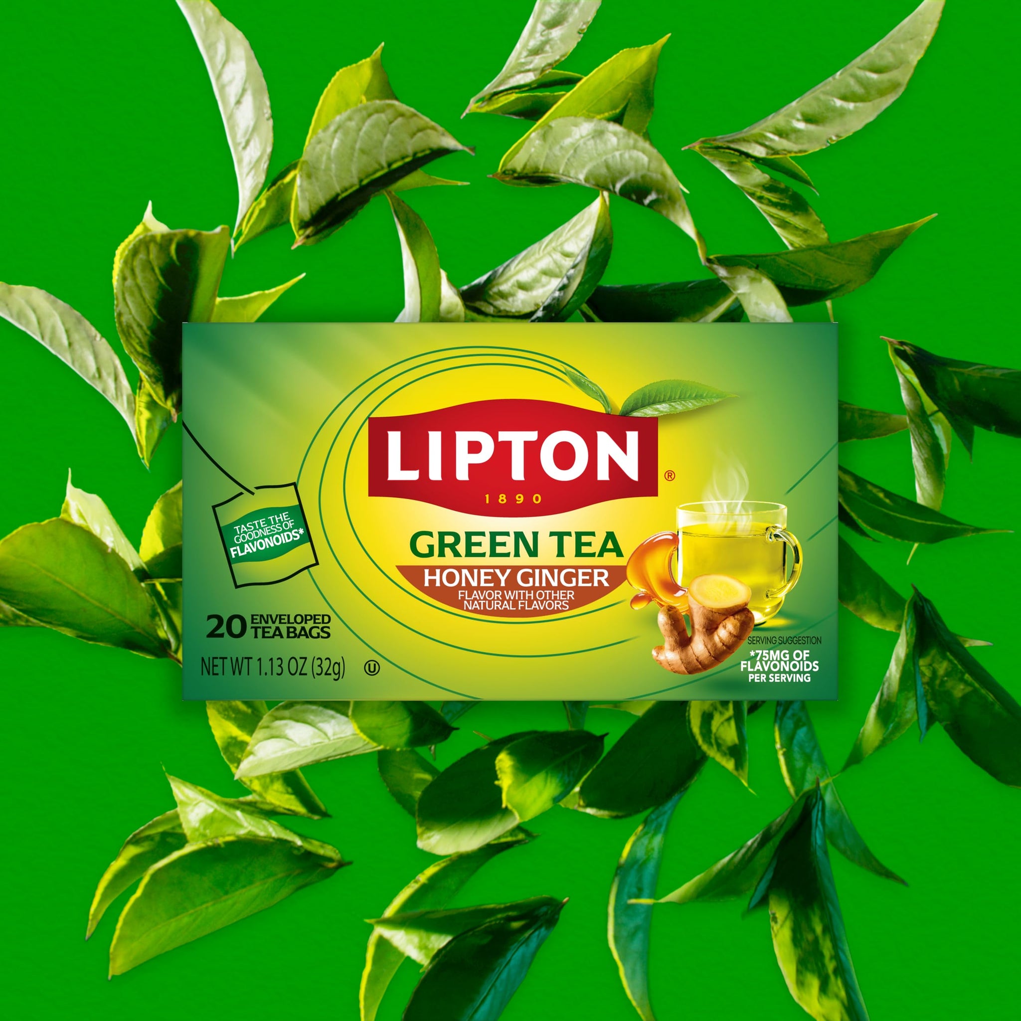 Lipton Honey Ginger Green Tea Bags 20-Count Flavored Unsweetened Hot or Iced Tea with Caffeine Flavonoids Natural Zesty Ginger Honey Aroma Rainforest