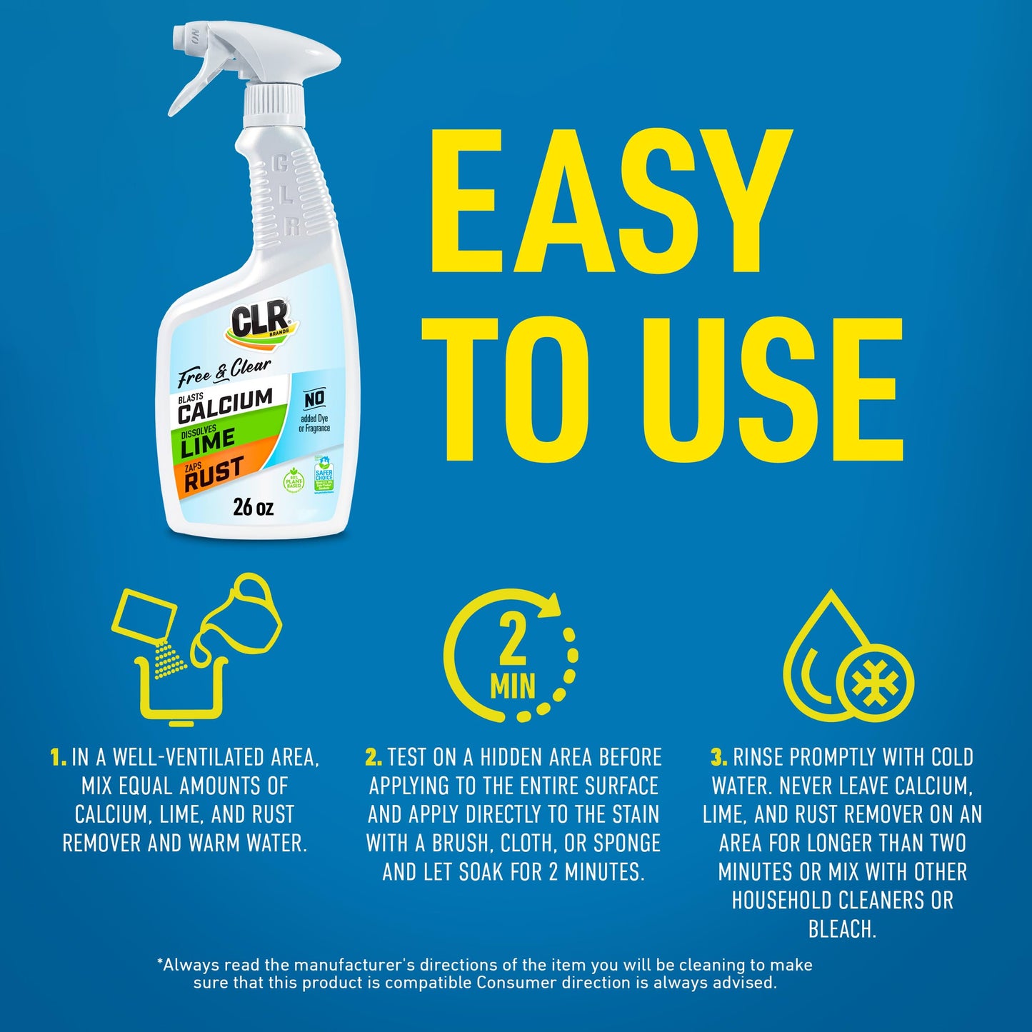 CLR Brands® Calcium, Lime & Rust Remover Free & Clear, No Dyes or Fragrances, Gentle Lime and Bathroom Descaler, Removes Hard Water Stains and Rust
