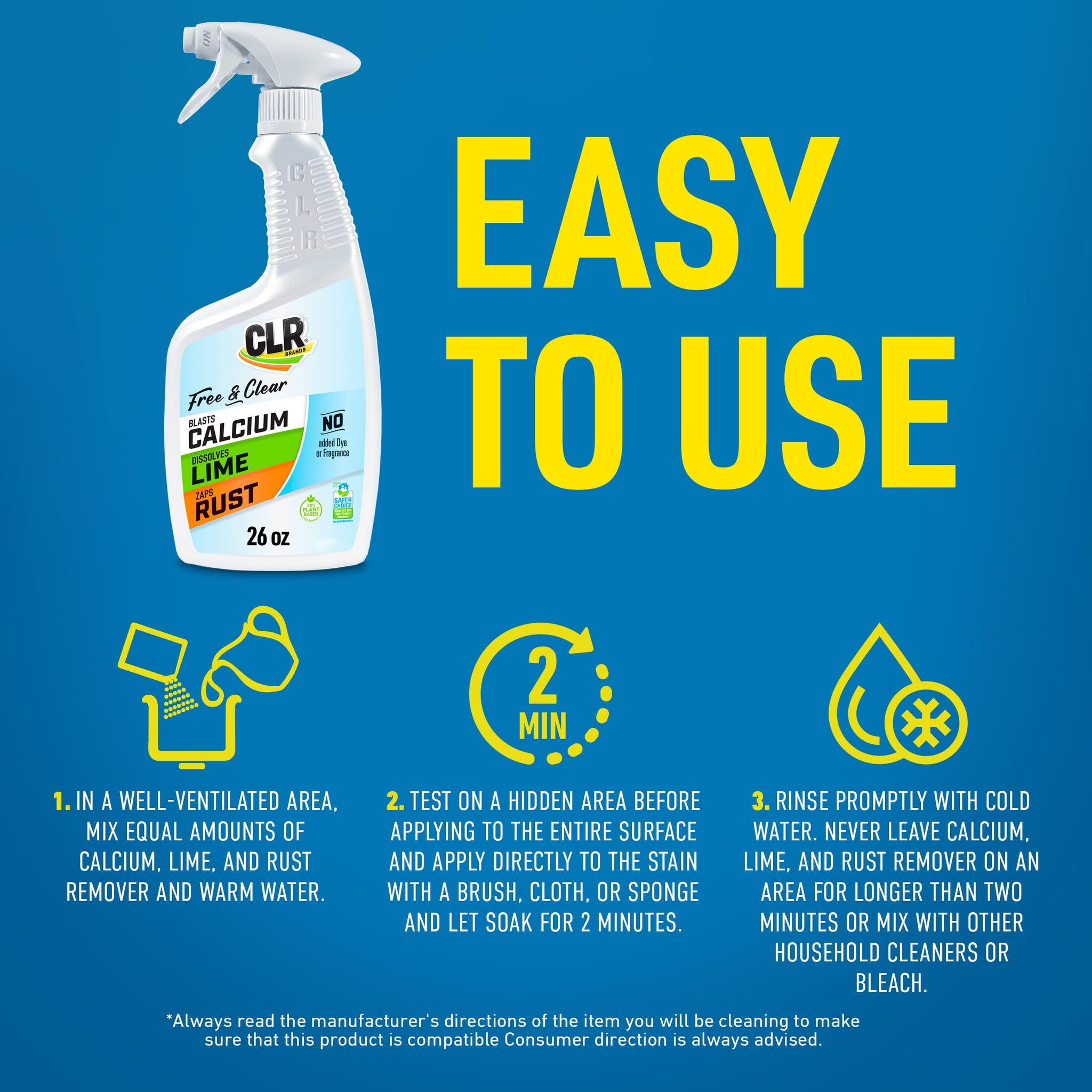 CLR Brands® Calcium, Lime & Rust Remover Free & Clear, No Dyes or Fragrances, Gentle Lime and Bathroom Descaler, Removes Hard Water Stains and Rust