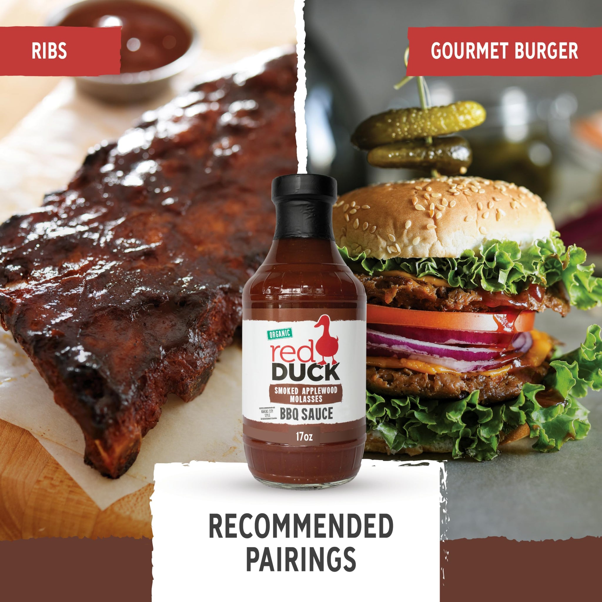 Red Duck Smoked Applewood Molasses Organic BBQ Sauce - Kansas City Style barbecue sauce, 17 ounces
