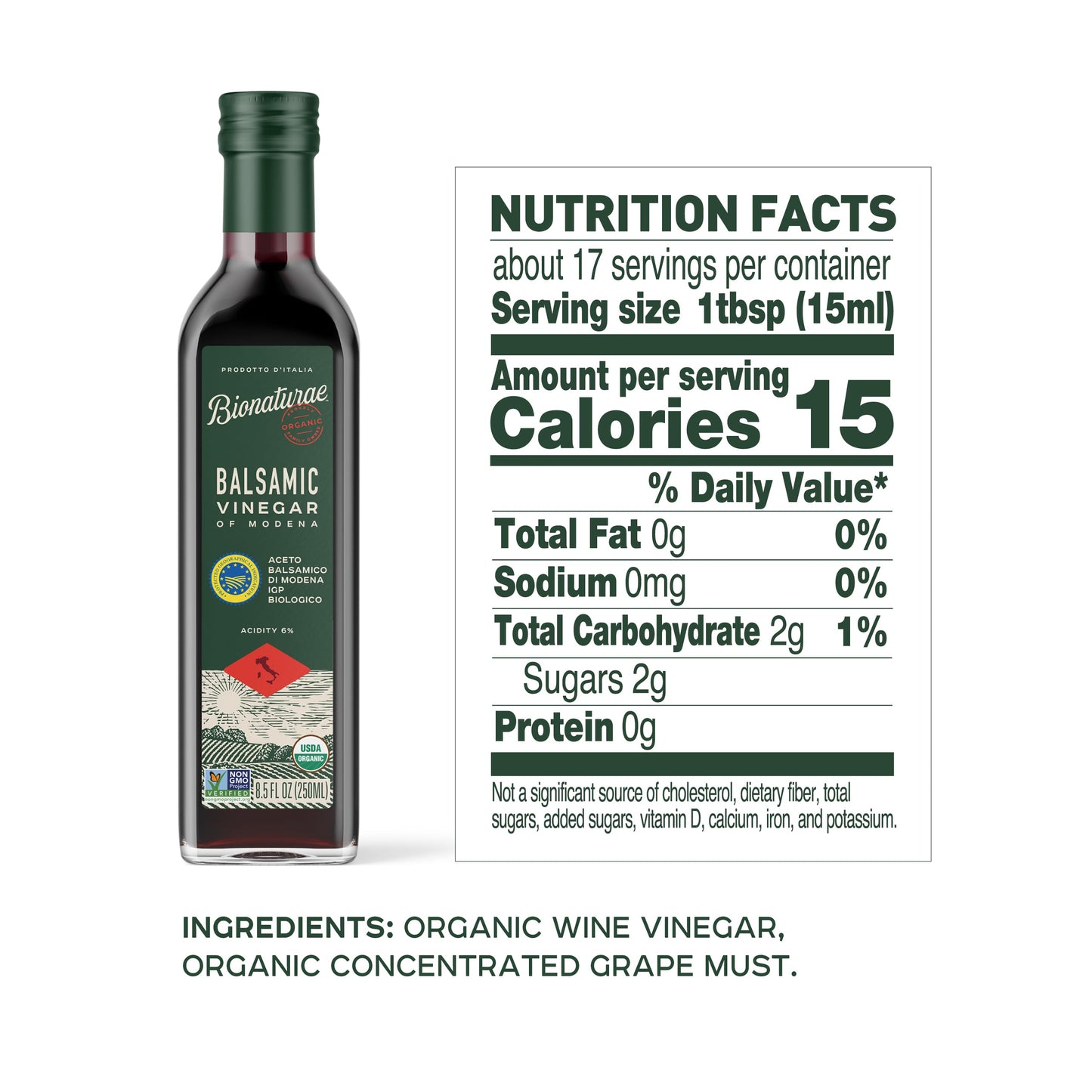 Bionaturae Vinegar Balsamic - Organic Balsamic Vinegar, Modena Balsamic Vinegar, Acidity 6%, USDA Certified Organic, Recyclable Glass, 100% Authentic