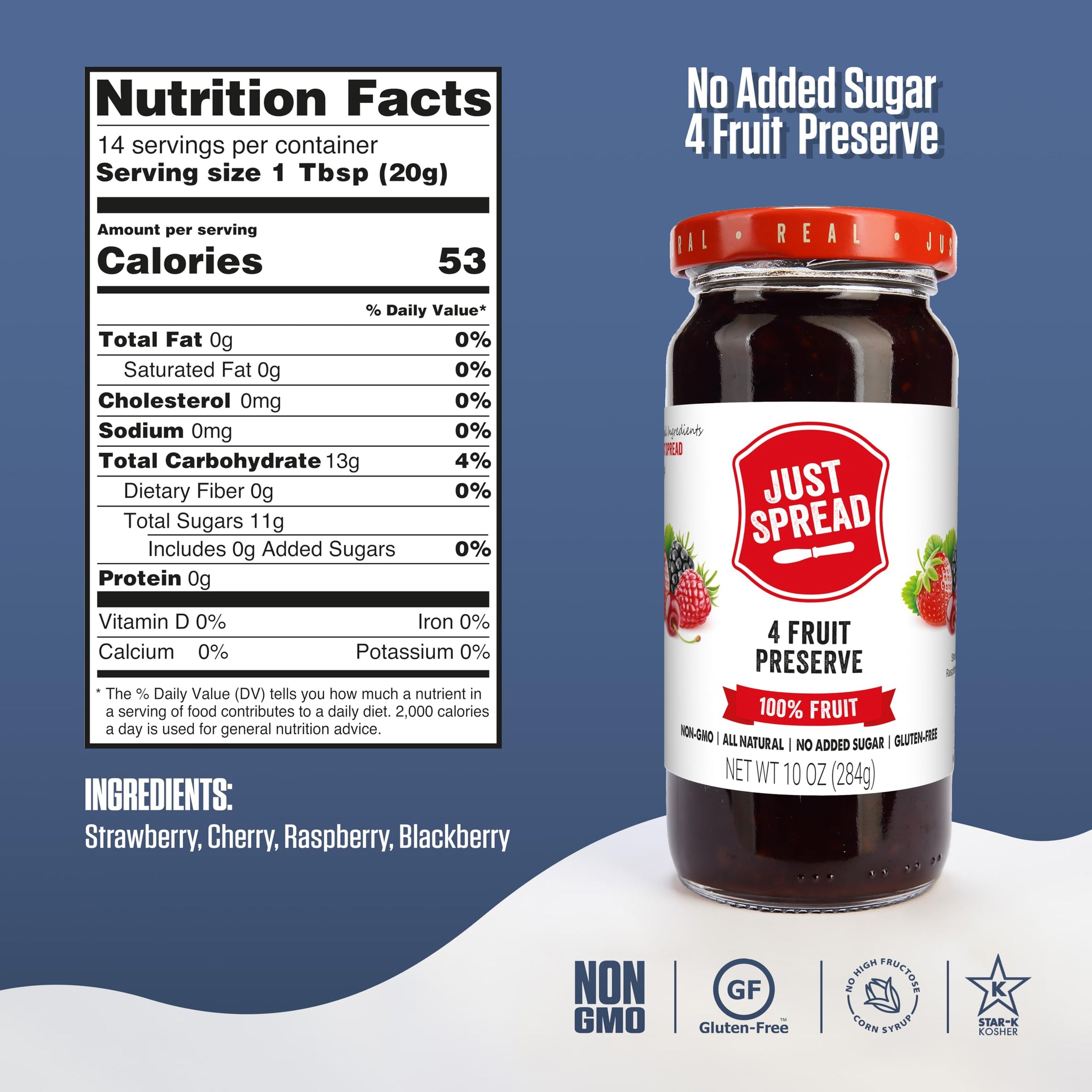 Just Spread 100% Fruit Preserve | Made with Real Fruit Pieces & Only 4 Ingredients | Gluten Free, Vegan, Non GMO, No Added Sugar | 10oz Jar (4 Flavor