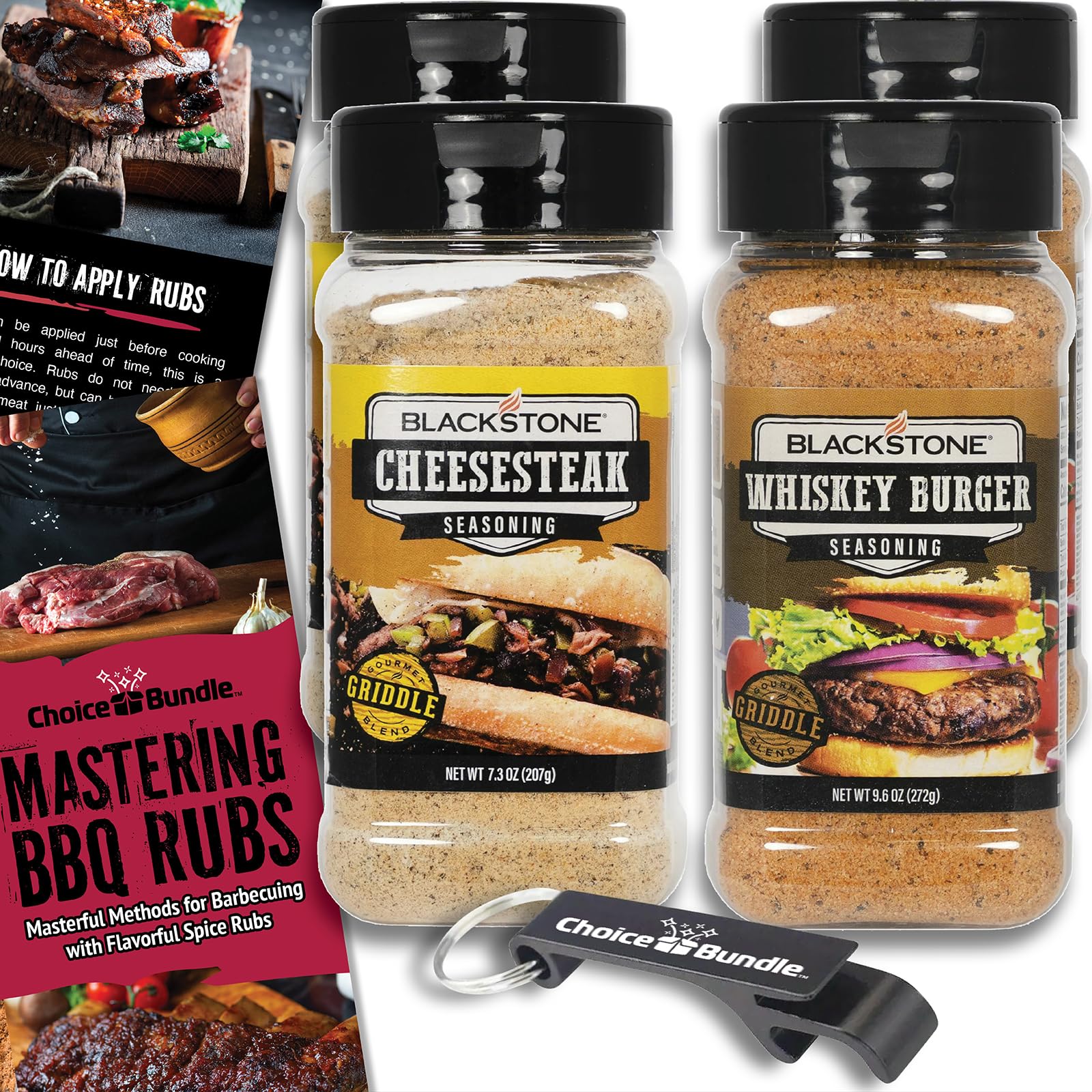 Blackstone Cheesesteak & Whiskey Burger Seasoning - Gourmet Griddle Premium BBQ Barbecue Rub 4 Pk Choice Bundle (33.8 oz) + BBQ Guide & Bottle Opener