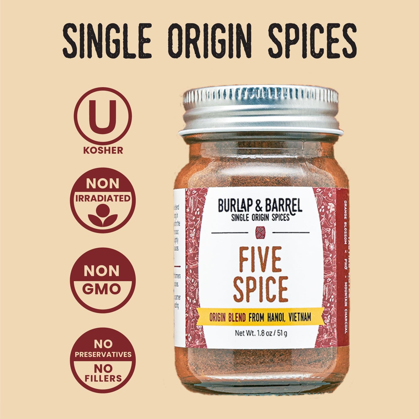 Burlap & Barrel Five Spice - Warm, Slightly Spicy, Aromatic Vietnamese Five Spice - As Seen on Shark Tank - 1.8oz Glass Jar
