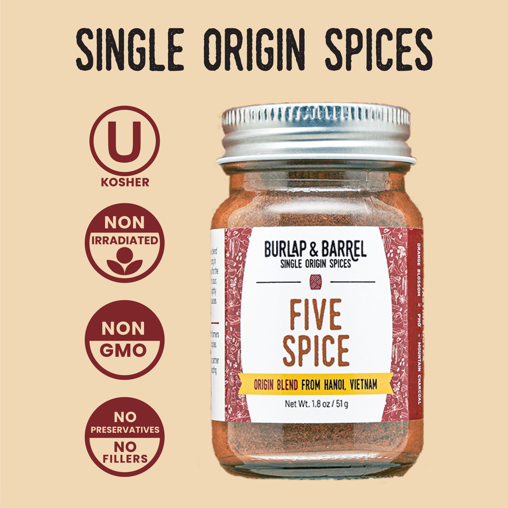 Burlap & Barrel Five Spice - Warm, Slightly Spicy, Aromatic Vietnamese Five Spice - As Seen on Shark Tank - 1.8oz Glass Jar