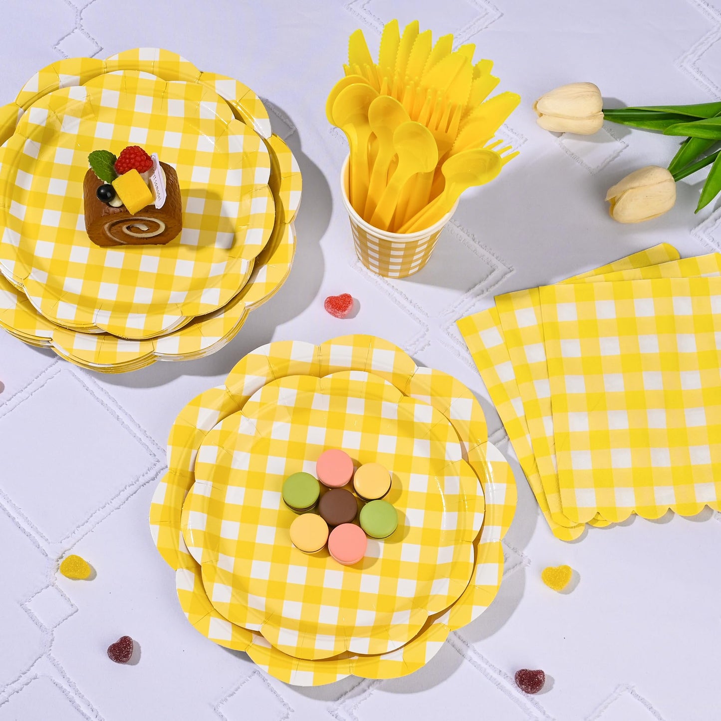 175 Pcs Yellow Gingham Plates and Napkins Party Supplies-Yellow and White Scalloped Paper Plates Disposable Plaid Cocktail Napkin Checkered Dinner