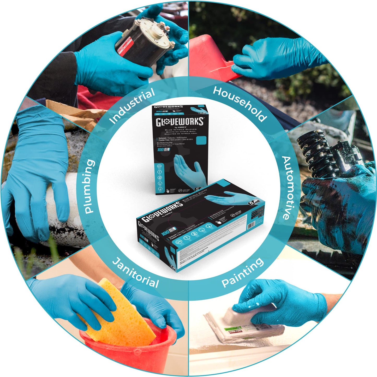 GLOVEWORKS Blue Disposable Nitrile Industrial Gloves, 5 Mil, Latex & Powder-Free, Food-Safe, Textured, Medium, Box of 100