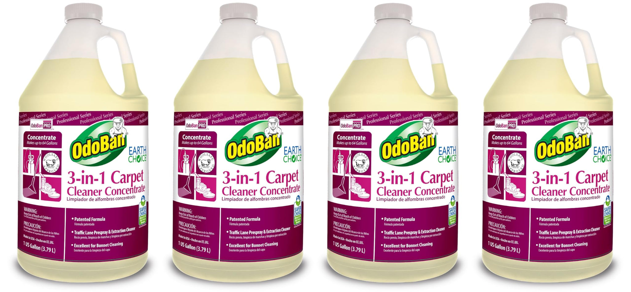 OdoBan Professional Series Cleaning 3-in-1 Carpet Cleaner Concentrate, Made in the USA, Set of 4, 1 Gallon Each
