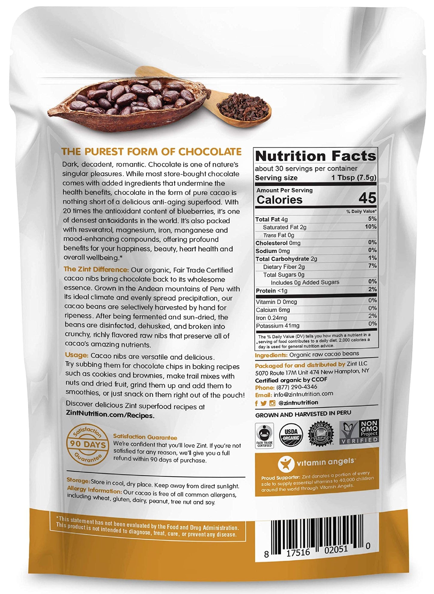 Zint Organic Cacao Nibs (8 oz): Fair Trade, Paleo-Certified, Organic, Non GMO, Anti Aging Antioxidant Superfood, Gluten Free Cocoa Cacao Beans